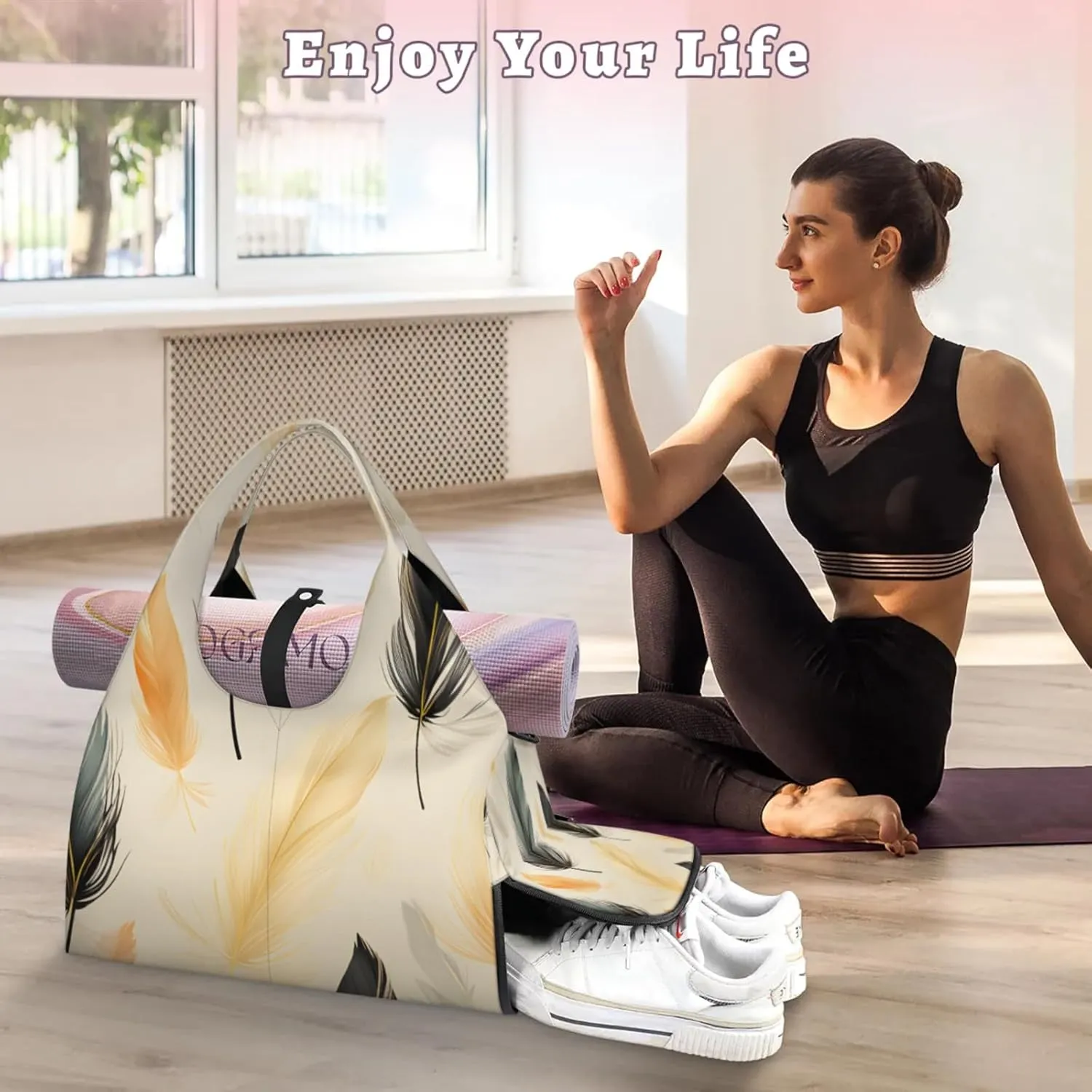 Gym Bag for Women Fluttering Feather Duffel Bag with Shoe Compartment and Yoga Mat Holder Portable Weekender Bags Travel Tote Bags