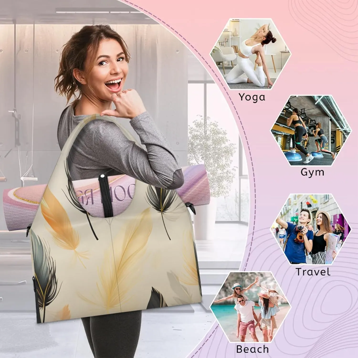 Gym Bag for Women Fluttering Feather Duffel Bag with Shoe Compartment and Yoga Mat Holder Portable Weekender Bags Travel Tote Bags