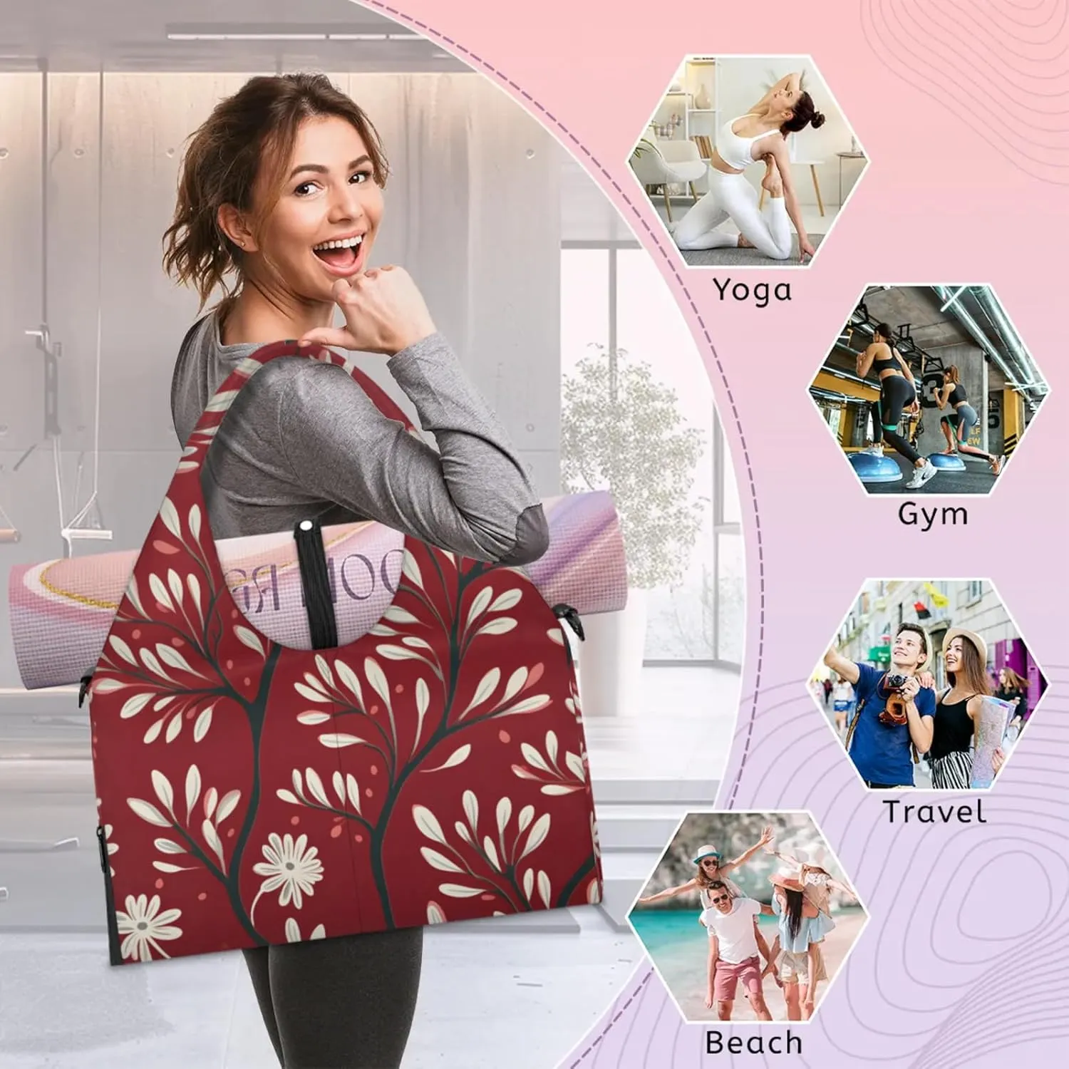Gym Bag for Women Leaves Printed Duffel Bag with Shoe Compartment and Yoga Mat Holder Portable Weekender Bags Travel Tote Bags