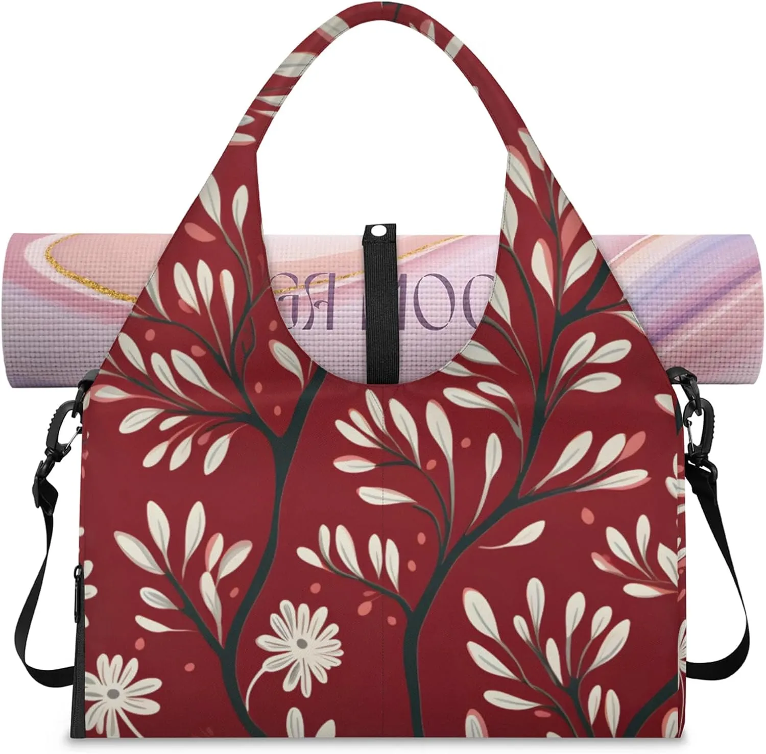 Gym Bag for Women Leaves Printed Duffel Bag with Shoe Compartment and Yoga Mat Holder Portable Weekender Bags Travel Tote Bags