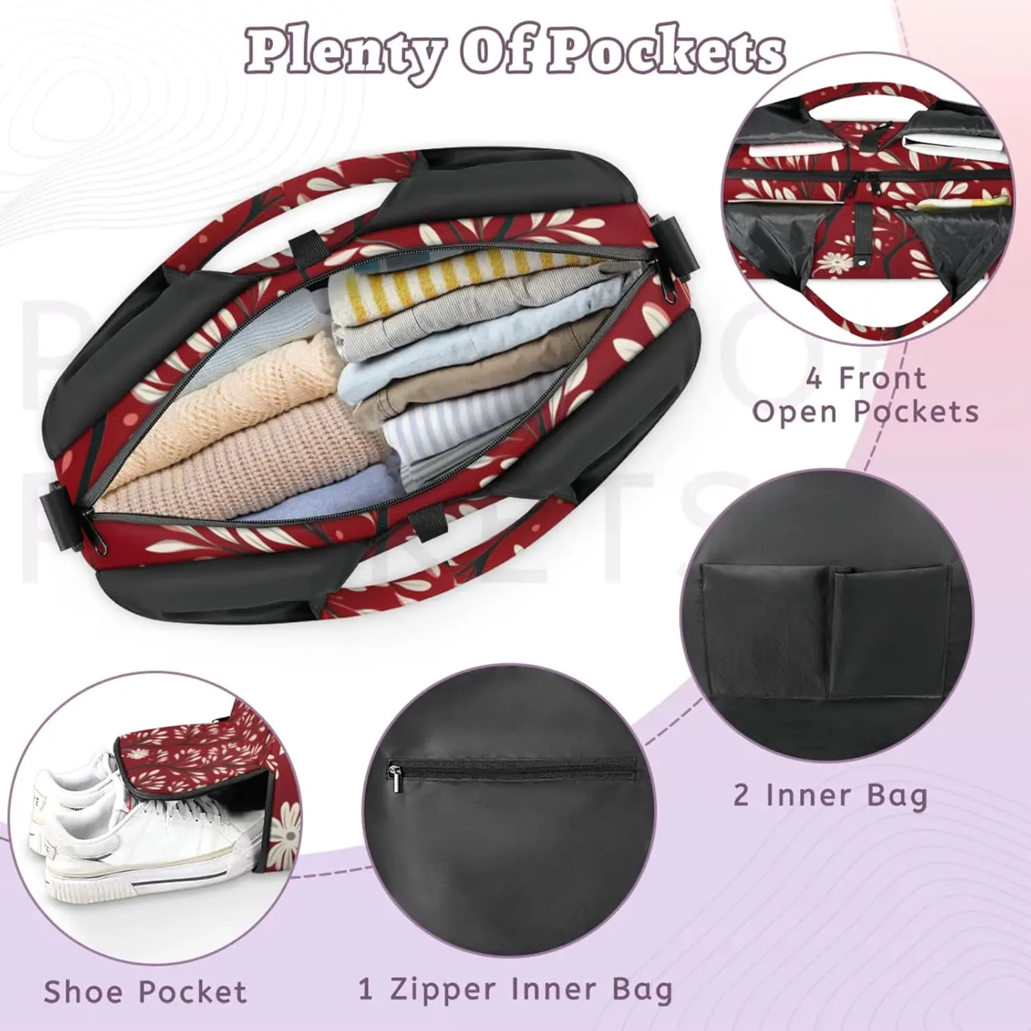 Gym Bag for Women Leaves Printed Duffel Bag with Shoe Compartment and Yoga Mat Holder Portable Weekender Bags Travel Tote Bags