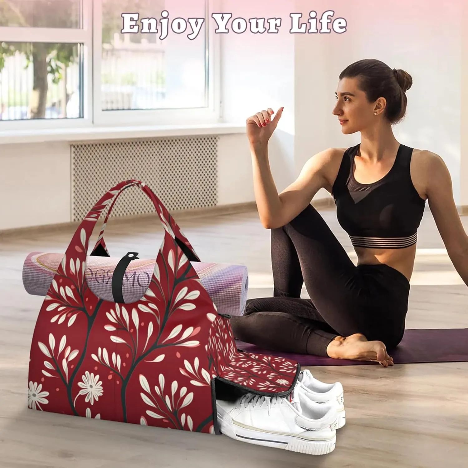 Gym Bag for Women Leaves Printed Duffel Bag with Shoe Compartment and Yoga Mat Holder Portable Weekender Bags Travel Tote Bags