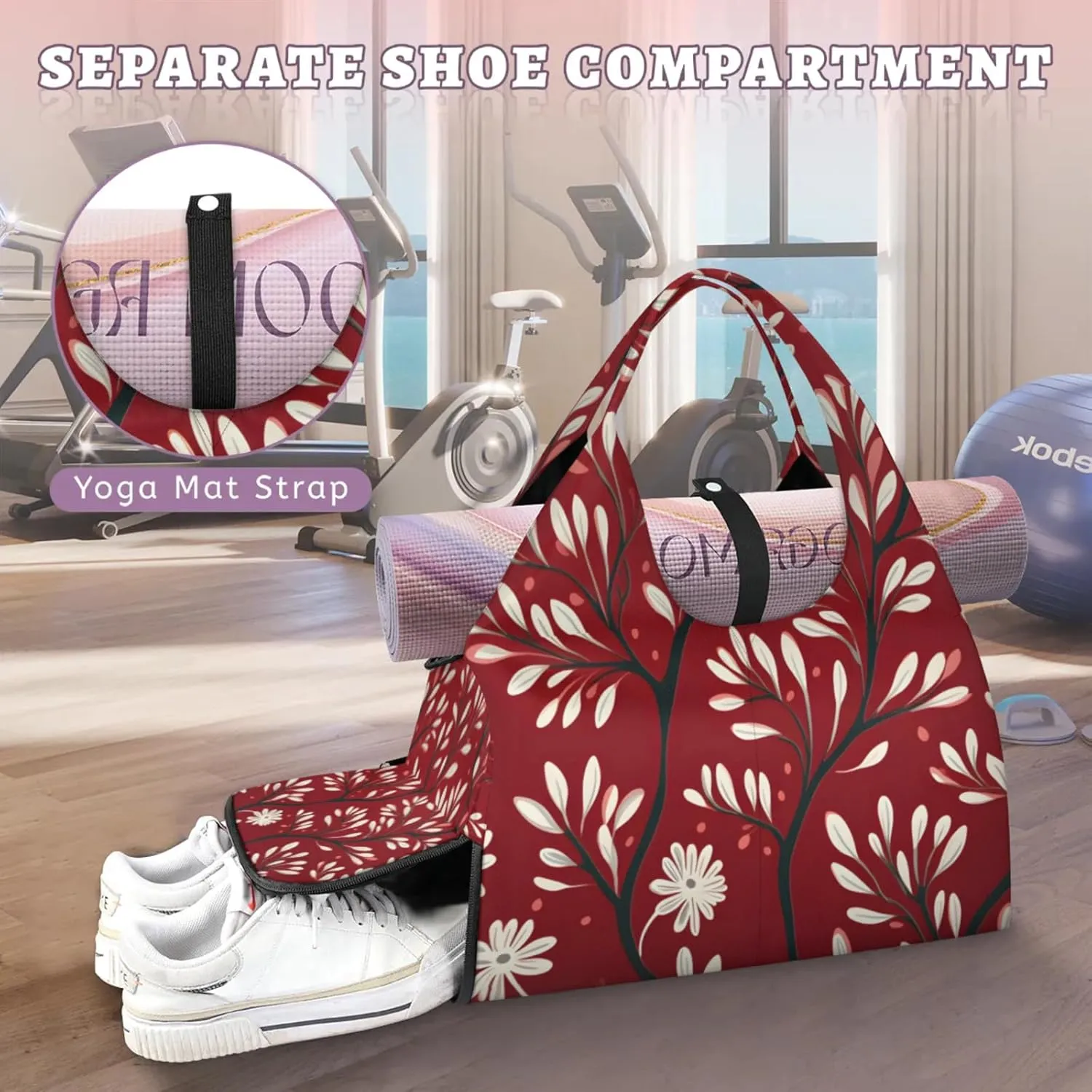 Gym Bag for Women Leaves Printed Duffel Bag with Shoe Compartment and Yoga Mat Holder Portable Weekender Bags Travel Tote Bags