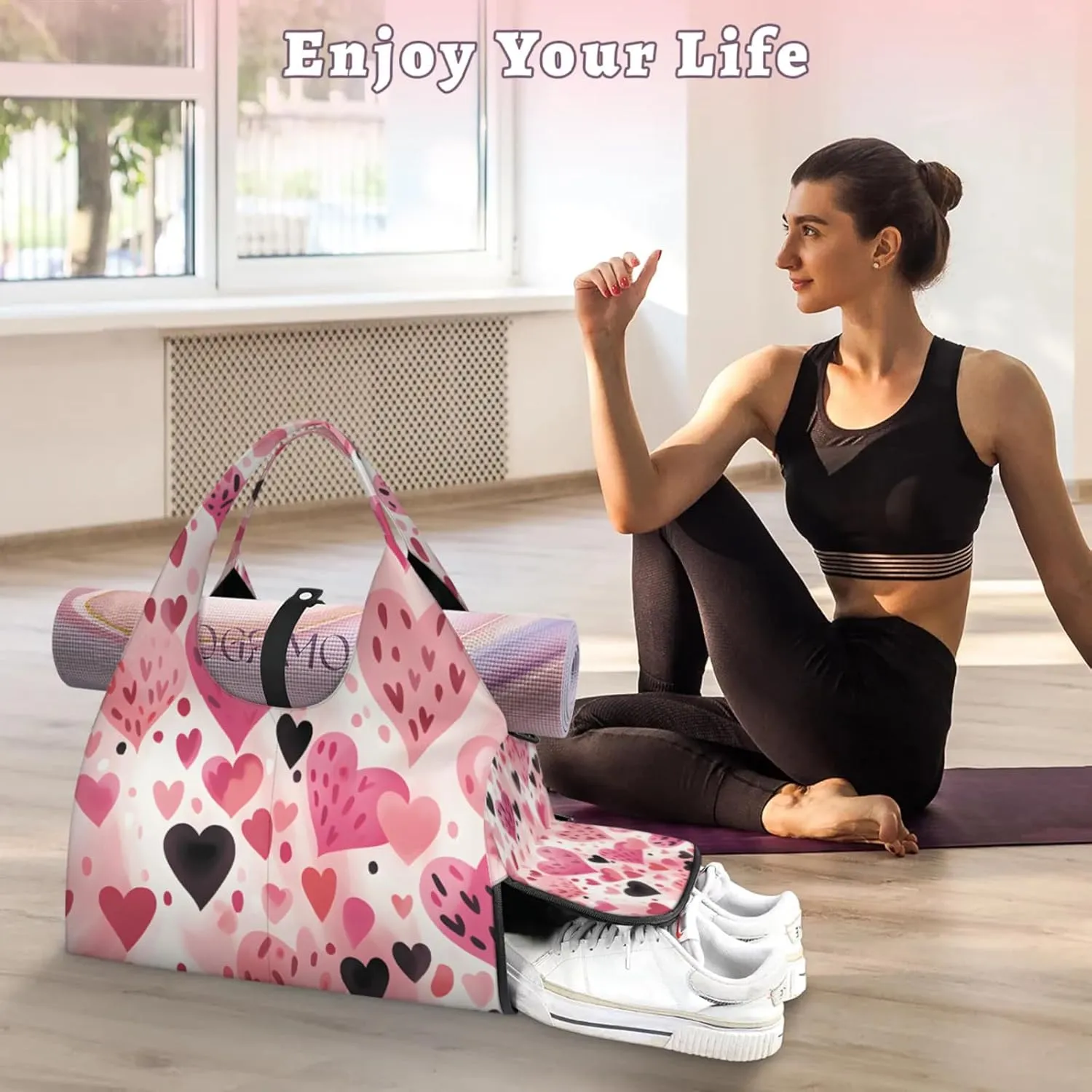 Gym Bag for Women Love Hearts Pattern Duffel Bag with Shoe Compartment and Yoga Mat Holder Portable Weekender Bags Travel Tote Bags