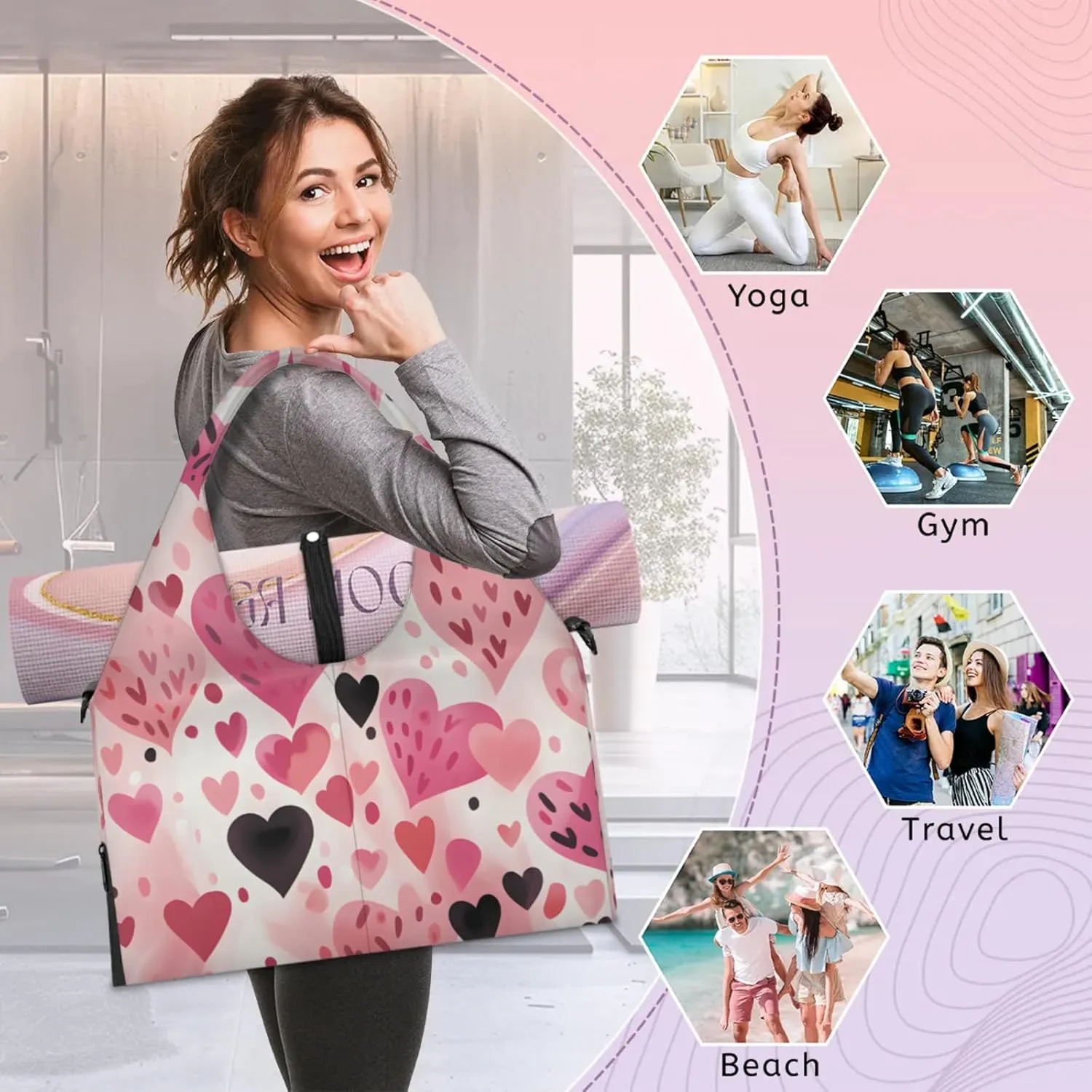 Gym Bag for Women Love Hearts Pattern Duffel Bag with Shoe Compartment and Yoga Mat Holder Portable Weekender Bags Travel Tote Bags