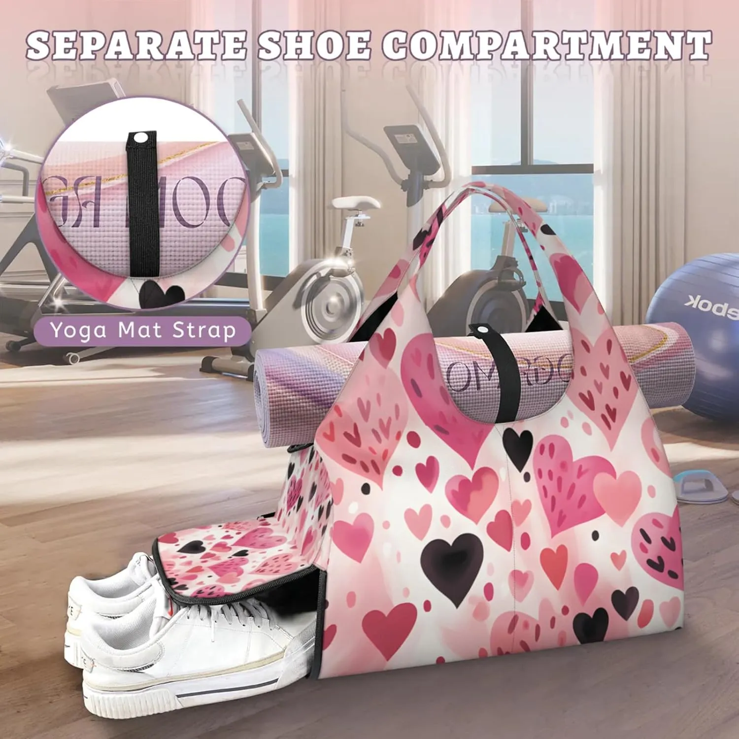 Gym Bag for Women Love Hearts Pattern Duffel Bag with Shoe Compartment and Yoga Mat Holder Portable Weekender Bags Travel Tote Bags