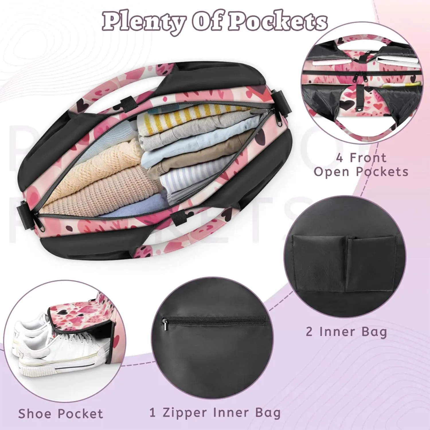 Gym Bag for Women Love Hearts Pattern Duffel Bag with Shoe Compartment and Yoga Mat Holder Portable Weekender Bags Travel Tote Bags