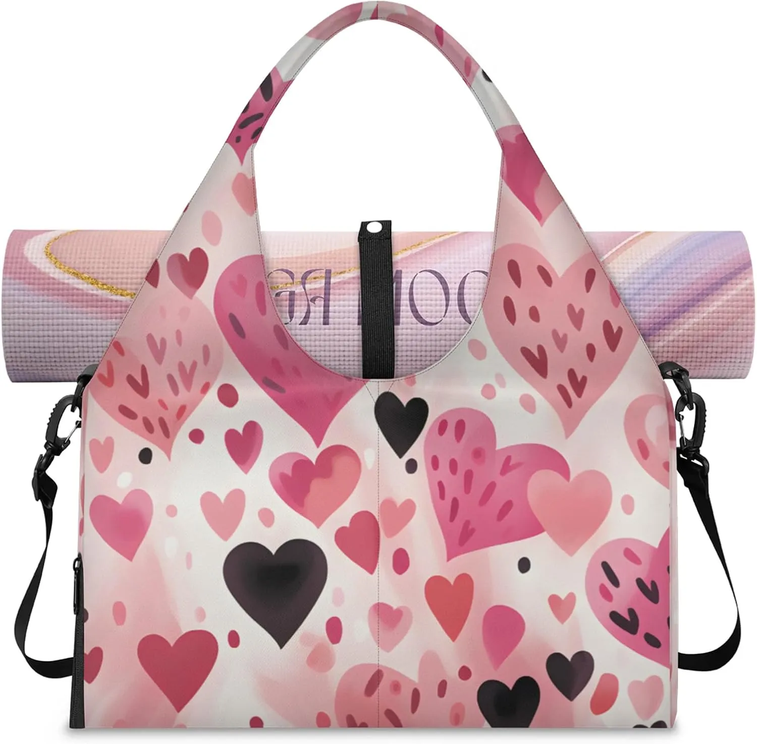 Gym Bag for Women Love Hearts Pattern Duffel Bag with Shoe Compartment and Yoga Mat Holder Portable Weekender Bags Travel Tote Bags