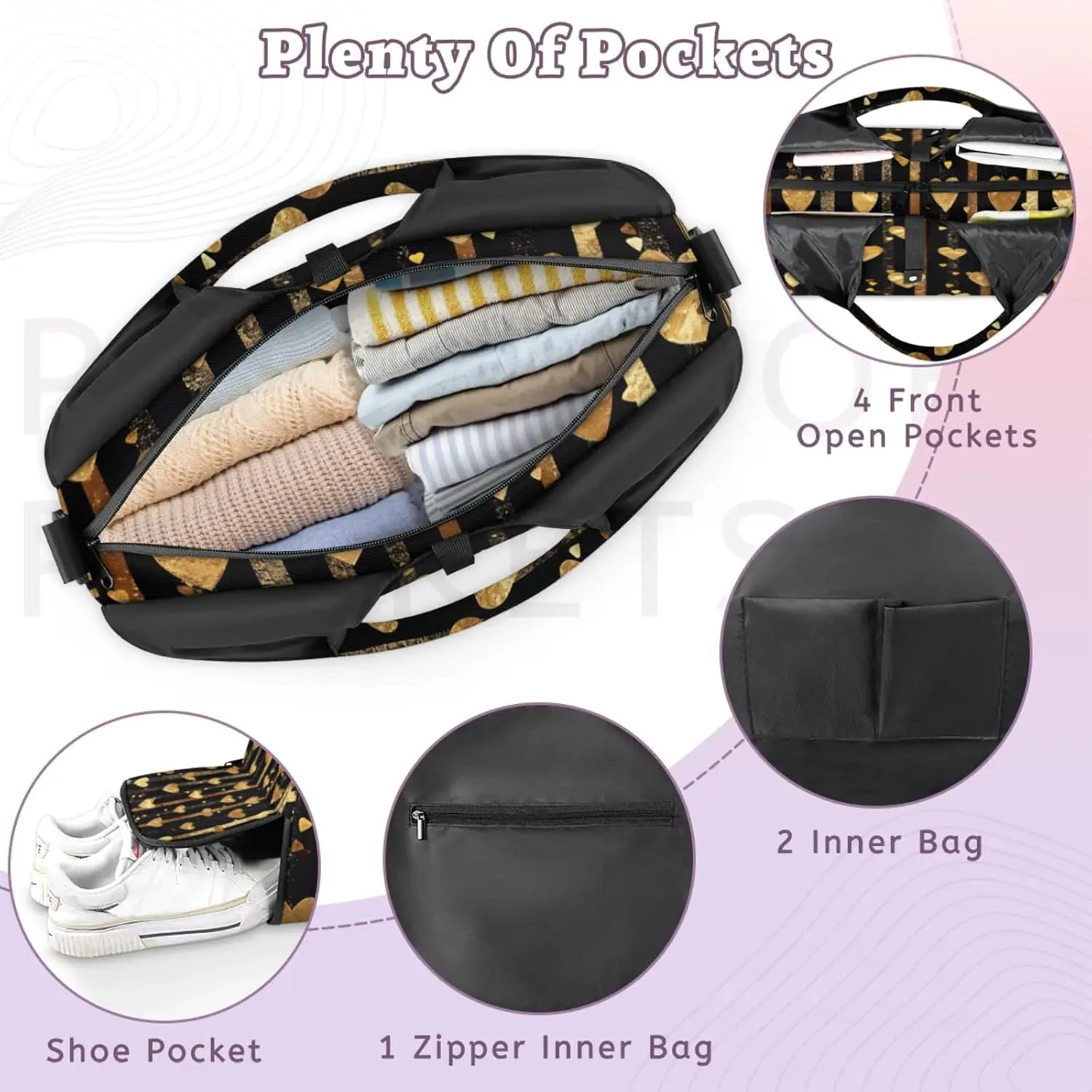 Gym Bag for Women Love Hearts Stripes Duffel Bag with Shoe Compartment and Yoga Mat Holder Portable Weekender Bags Travel Tote Bags