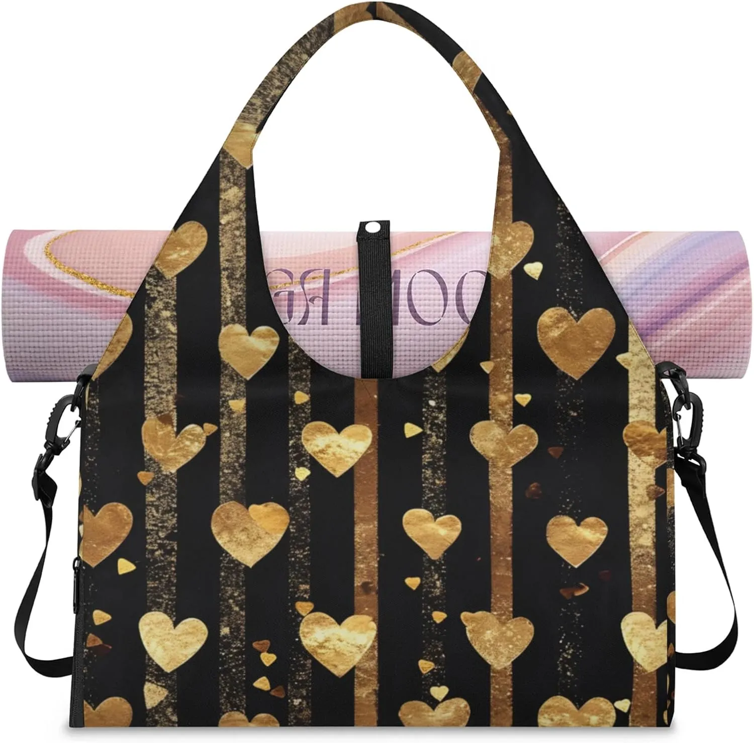 Gym Bag for Women Love Hearts Stripes Duffel Bag with Shoe Compartment and Yoga Mat Holder Portable Weekender Bags Travel Tote Bags