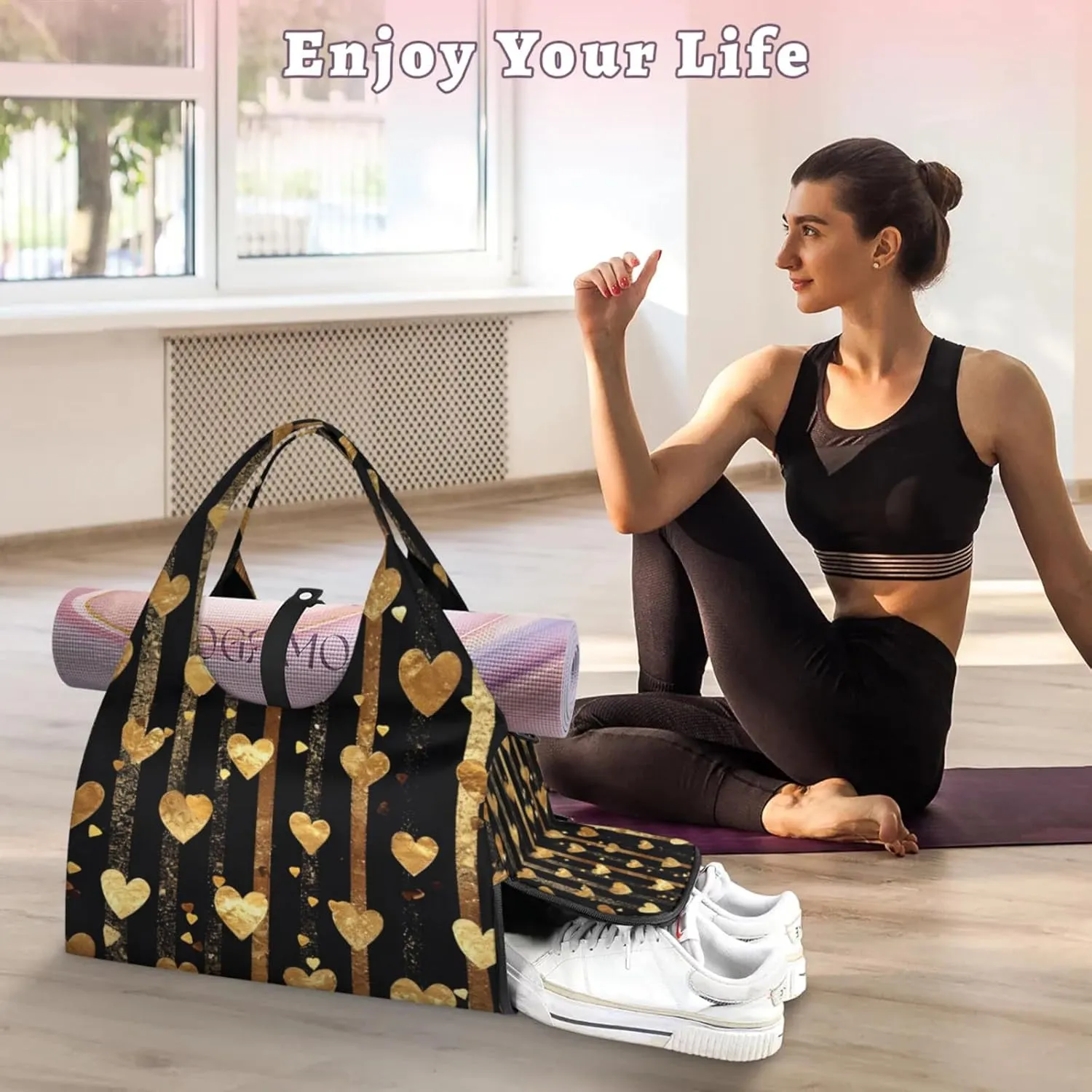 Gym Bag for Women Love Hearts Stripes Duffel Bag with Shoe Compartment and Yoga Mat Holder Portable Weekender Bags Travel Tote Bags