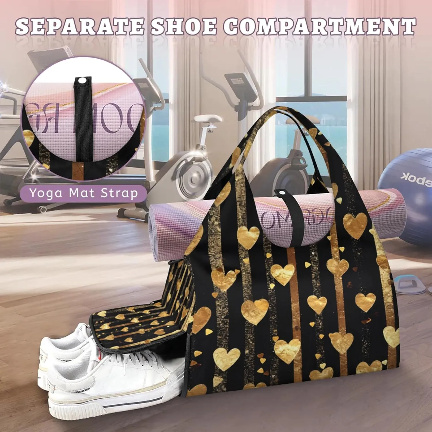 Gym Bag for Women Love Hearts Stripes Duffel Bag with Shoe Compartment and Yoga Mat Holder Portable Weekender Bags Travel Tote Bags