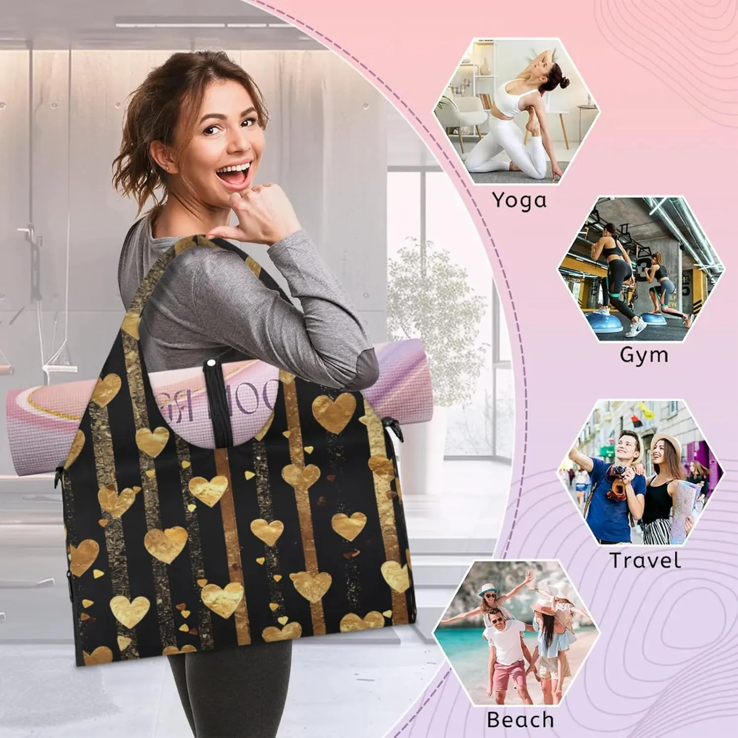 Gym Bag for Women Love Hearts Stripes Duffel Bag with Shoe Compartment and Yoga Mat Holder Portable Weekender Bags Travel Tote Bags