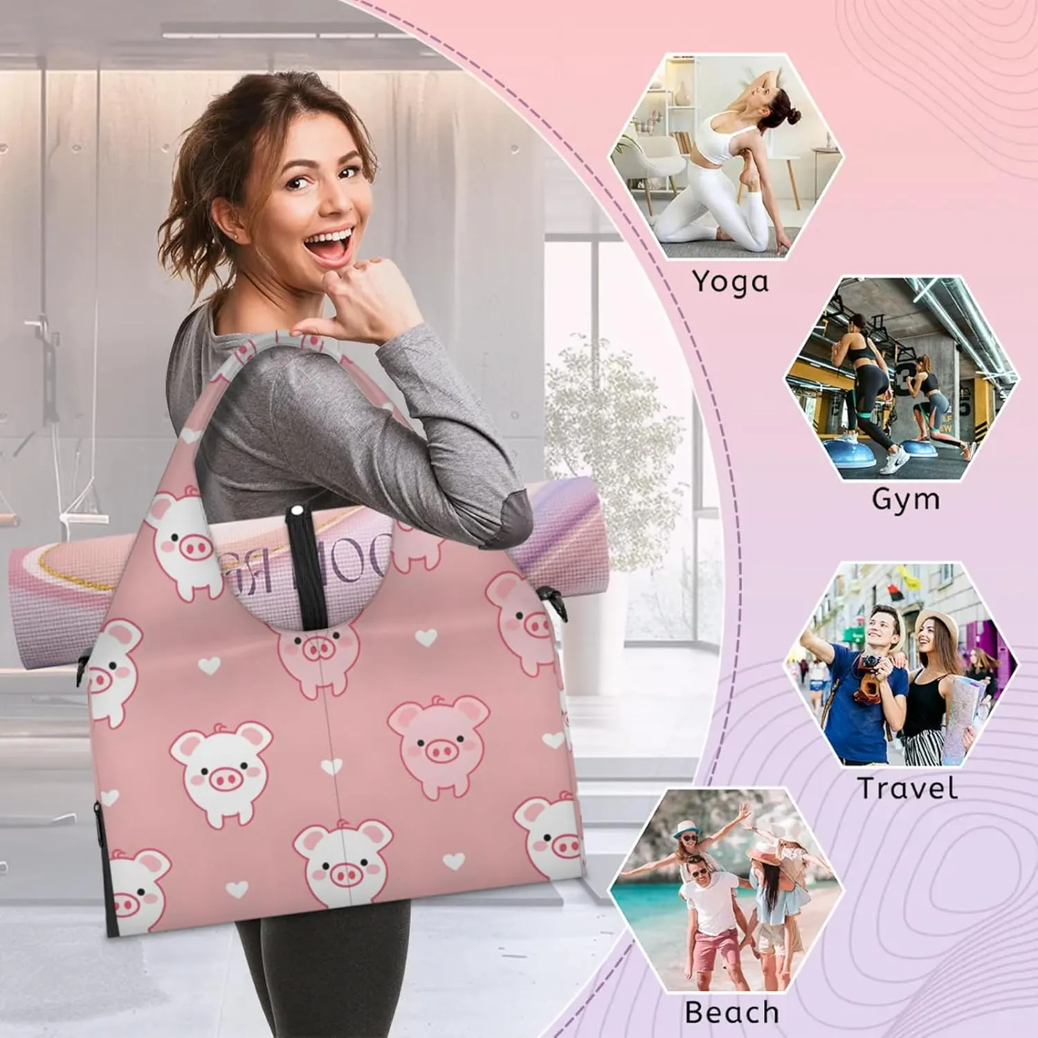 Gym Bag for Women Lovely Pigs Duffel Bag with Shoe Compartment and Yoga Mat Holder Portable Weekender Bags Travel Tote Bags