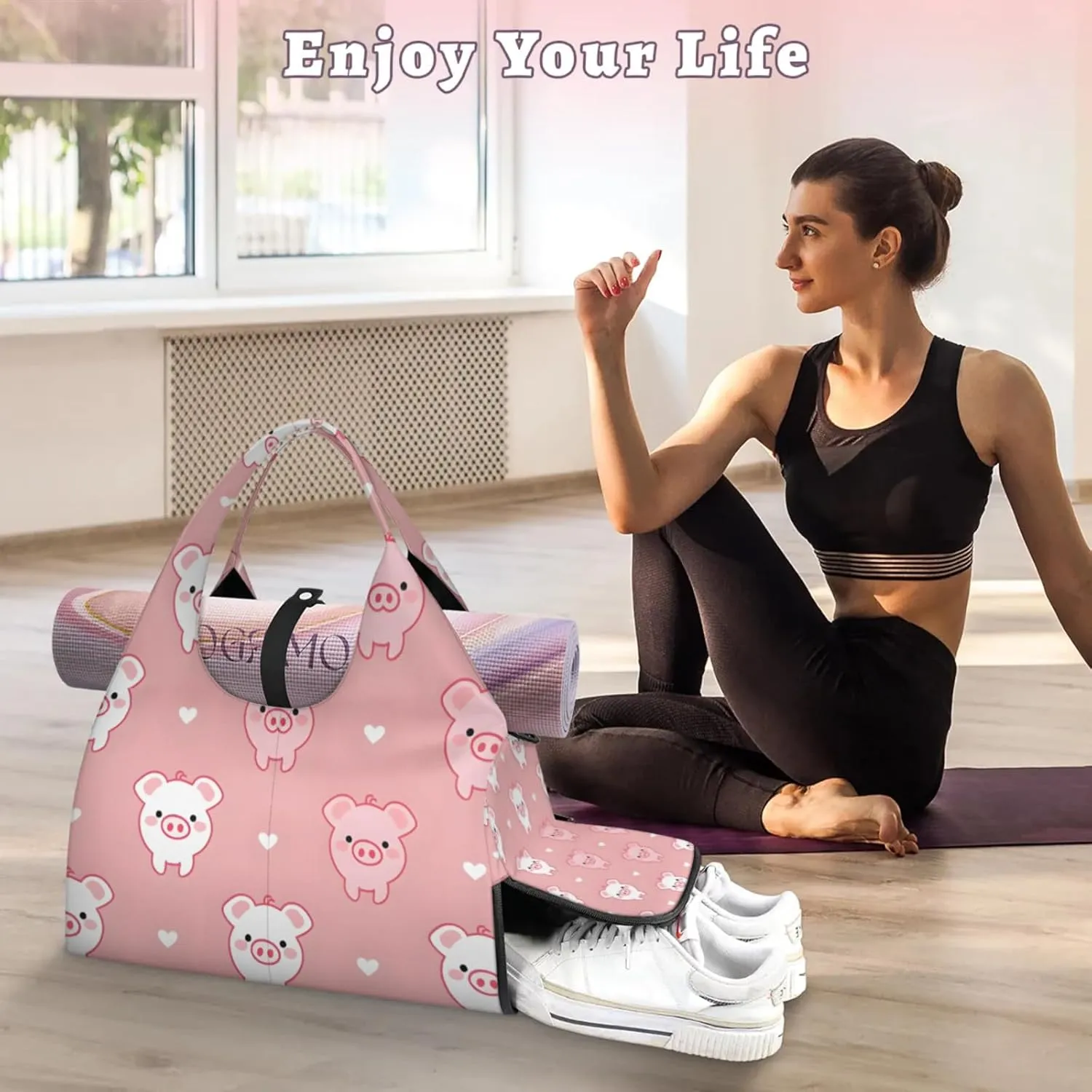 Gym Bag for Women Lovely Pigs Duffel Bag with Shoe Compartment and Yoga Mat Holder Portable Weekender Bags Travel Tote Bags