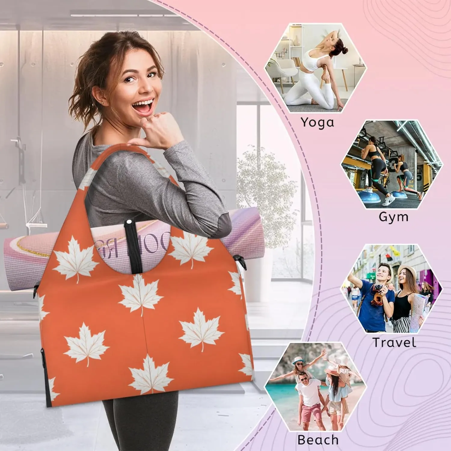 Gym Bag for Women Maple Leaf Print Duffel Bag with Shoe Compartment and Yoga Mat Holder Portable Weekender Bags Travel Tote Bags