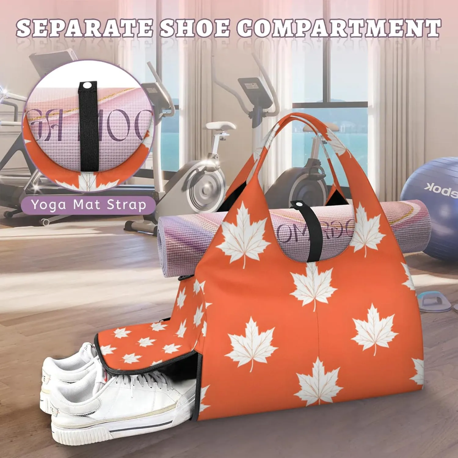 Gym Bag for Women Maple Leaf Print Duffel Bag with Shoe Compartment and Yoga Mat Holder Portable Weekender Bags Travel Tote Bags