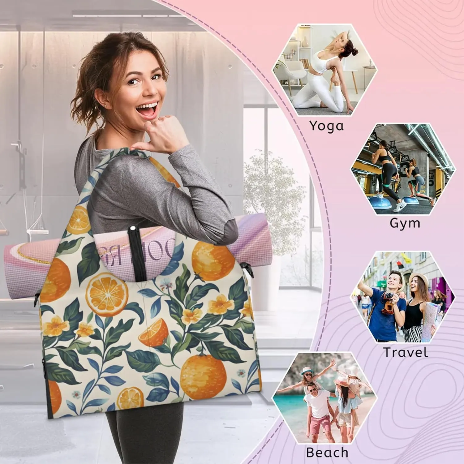 Gym Bag for Women Oranges Theme Duffel Bag with Shoe Compartment and Yoga Mat Holder Portable Weekender Bags Travel Tote Bags