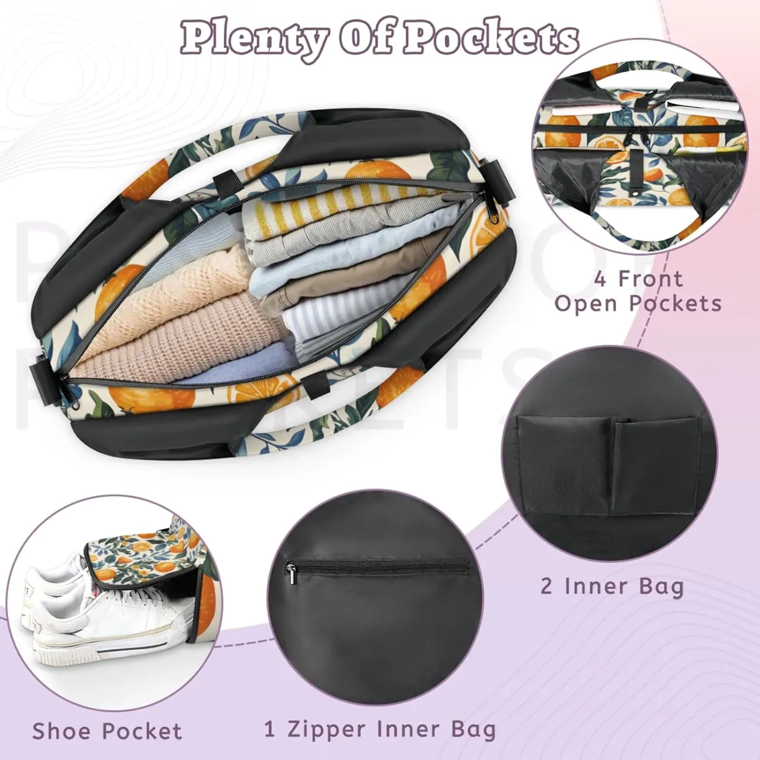 Gym Bag for Women Oranges Theme Duffel Bag with Shoe Compartment and Yoga Mat Holder Portable Weekender Bags Travel Tote Bags