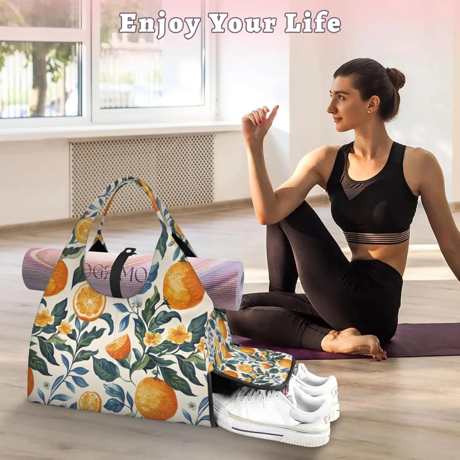 Gym Bag for Women Oranges Theme Duffel Bag with Shoe Compartment and Yoga Mat Holder Portable Weekender Bags Travel Tote Bags