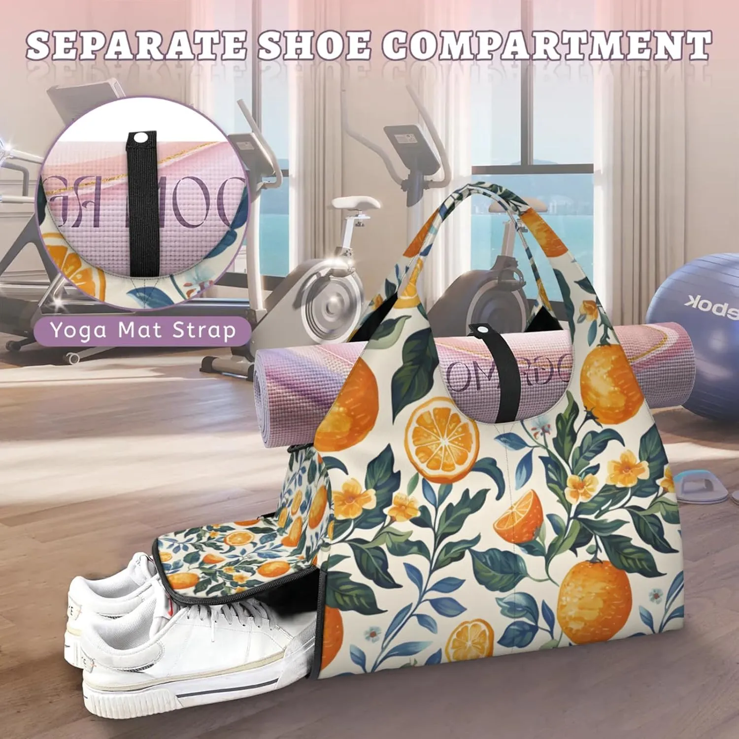 Gym Bag for Women Oranges Theme Duffel Bag with Shoe Compartment and Yoga Mat Holder Portable Weekender Bags Travel Tote Bags