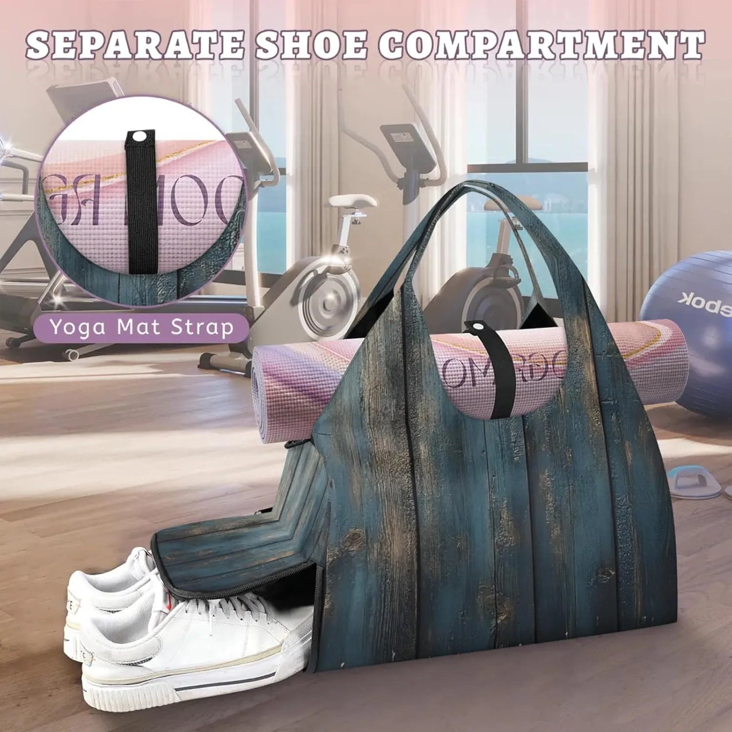 Gym Bag for Women Wood Board Duffel Bag with Shoe Compartment and Yoga Mat Holder Portable Weekender Bags Travel Tote Bags