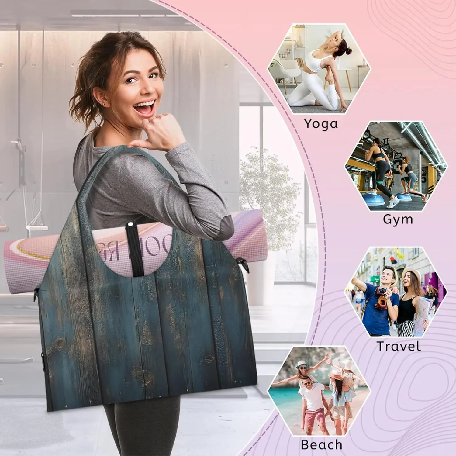 Gym Bag for Women Wood Board Duffel Bag with Shoe Compartment and Yoga Mat Holder Portable Weekender Bags Travel Tote Bags