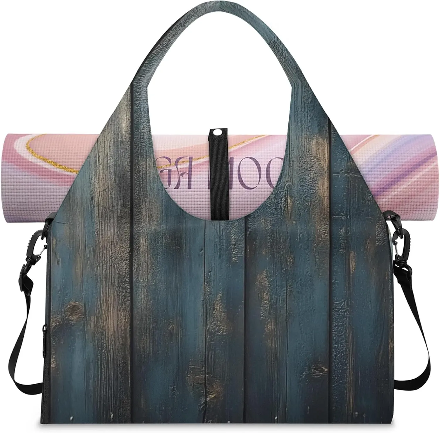 Gym Bag for Women Wood Board Duffel Bag with Shoe Compartment and Yoga Mat Holder Portable Weekender Bags Travel Tote Bags