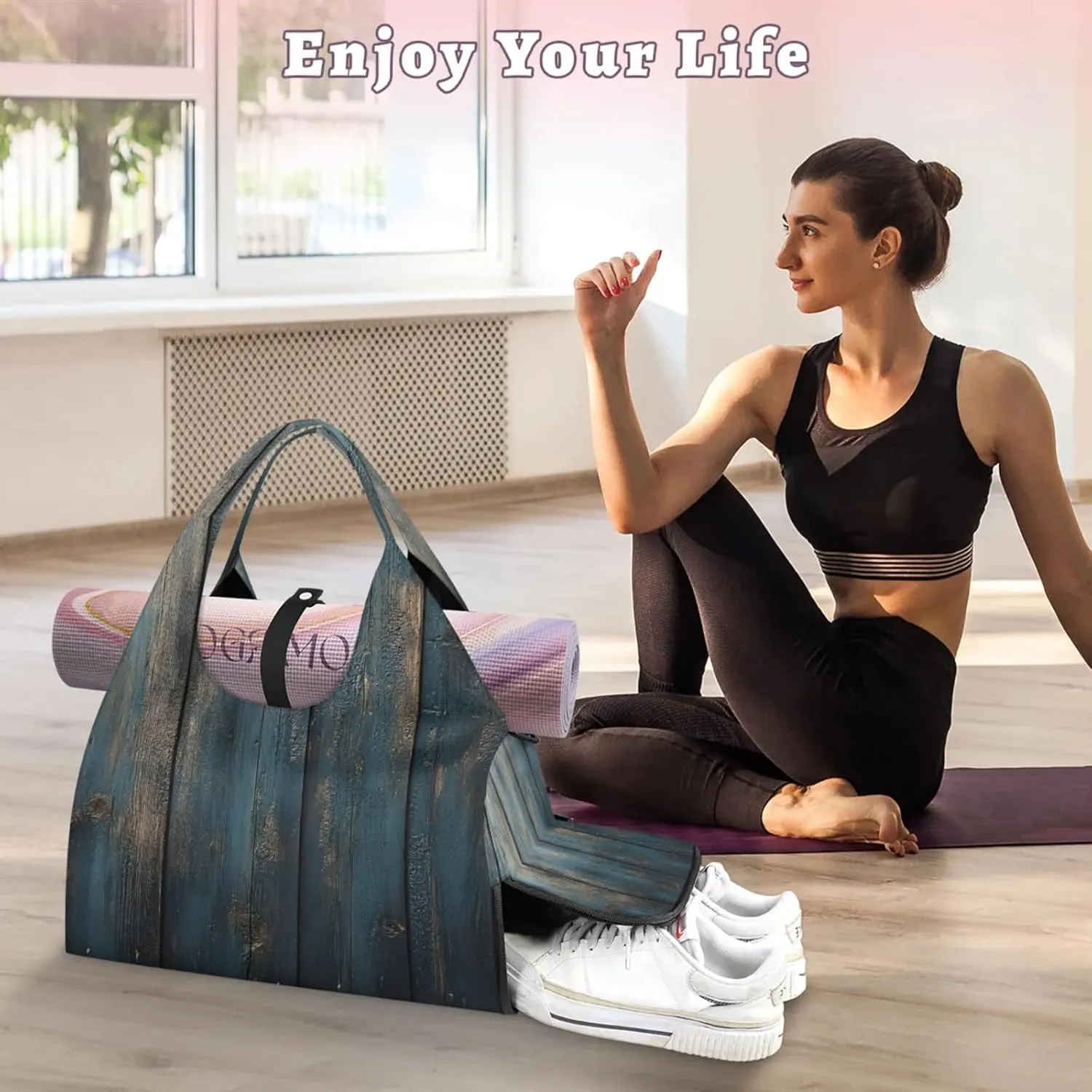 Gym Bag for Women Wood Board Duffel Bag with Shoe Compartment and Yoga Mat Holder Portable Weekender Bags Travel Tote Bags