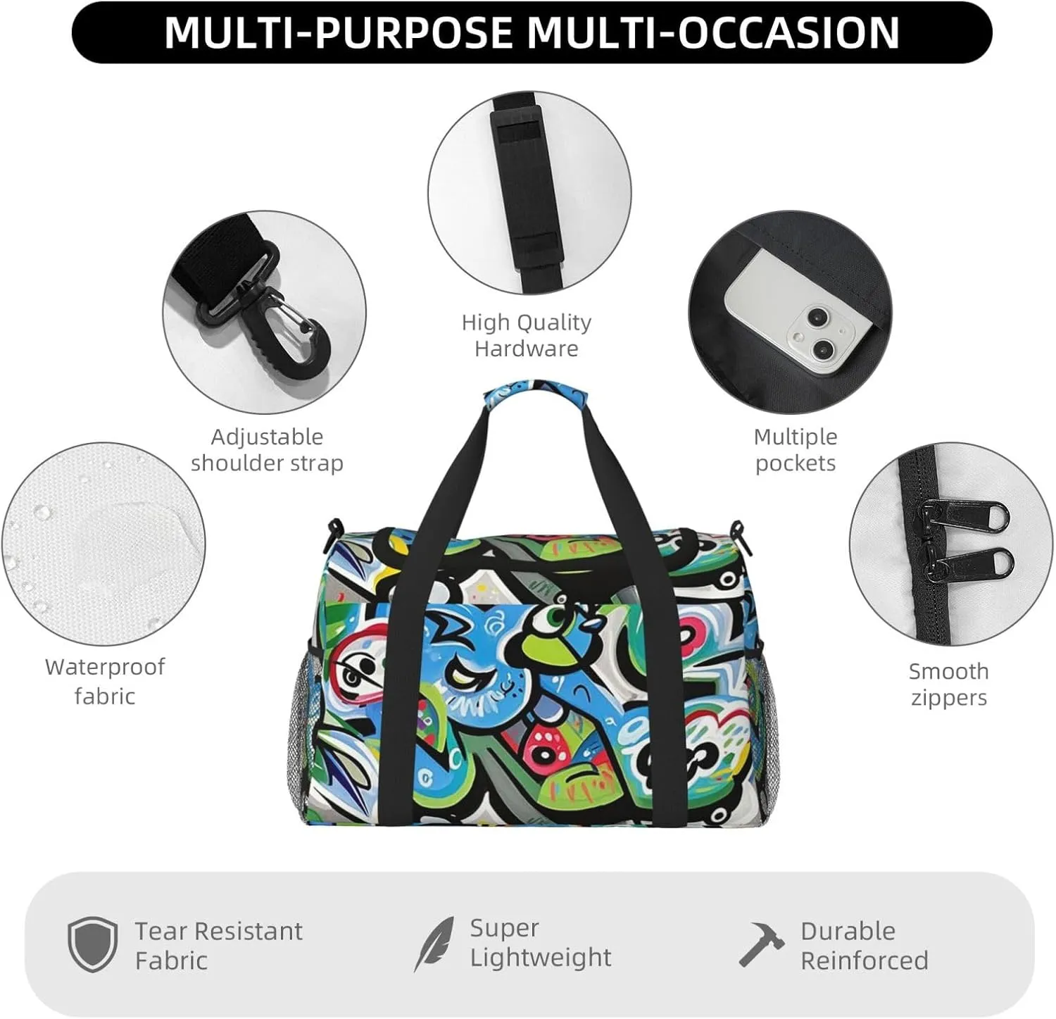 Gym Bag Graffiti Drawing Duffel Bag for Men Women Travel Overnight Bag with Shoe Compartment Workout Bags