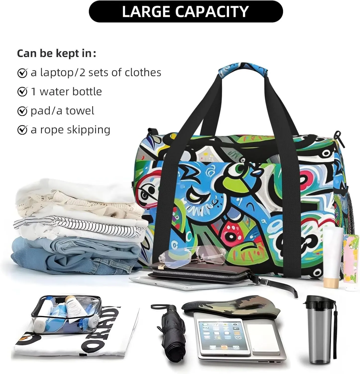 Gym Bag Graffiti Drawing Duffel Bag for Men Women Travel Overnight Bag with Shoe Compartment Workout Bags