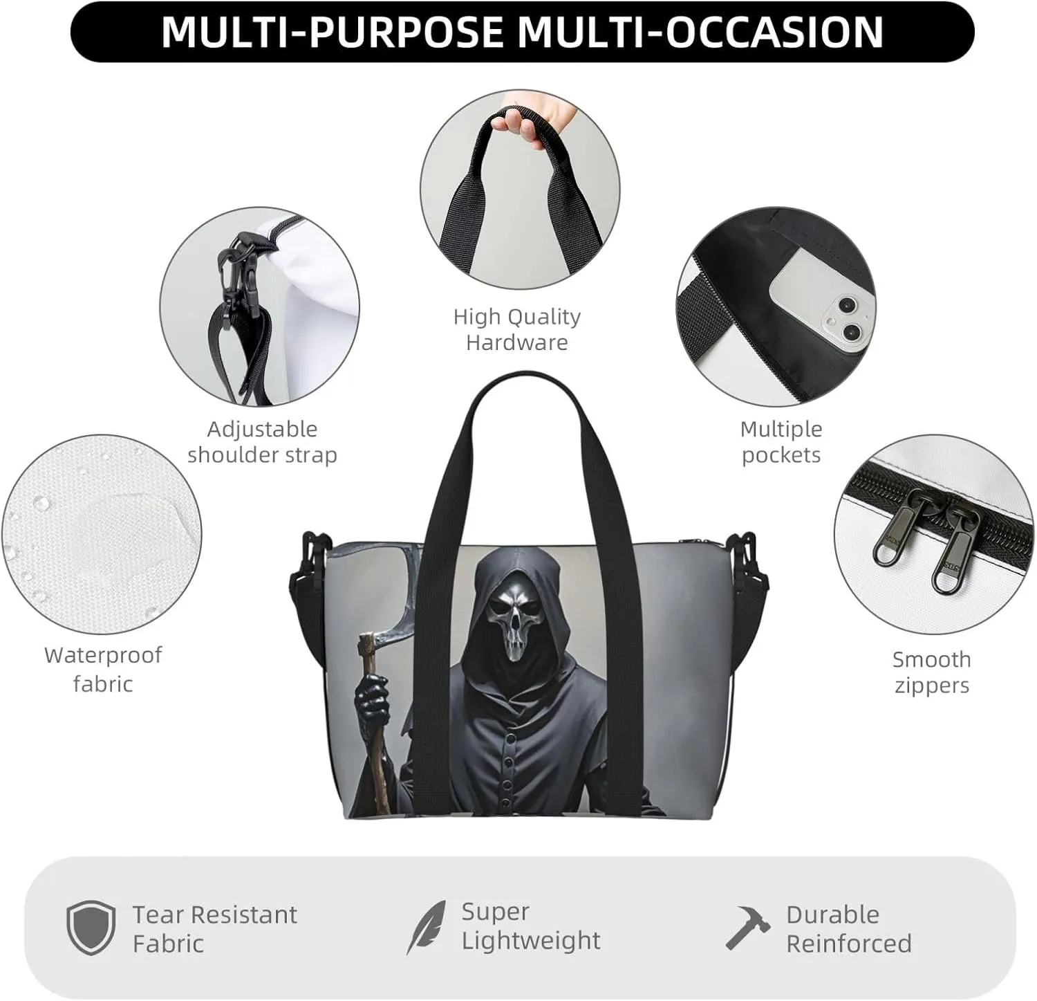 Gym Bag Grim-Reaper Duffel Bag for Men Women Travel Overnight Bag with Shoe Compartment Workout Bags