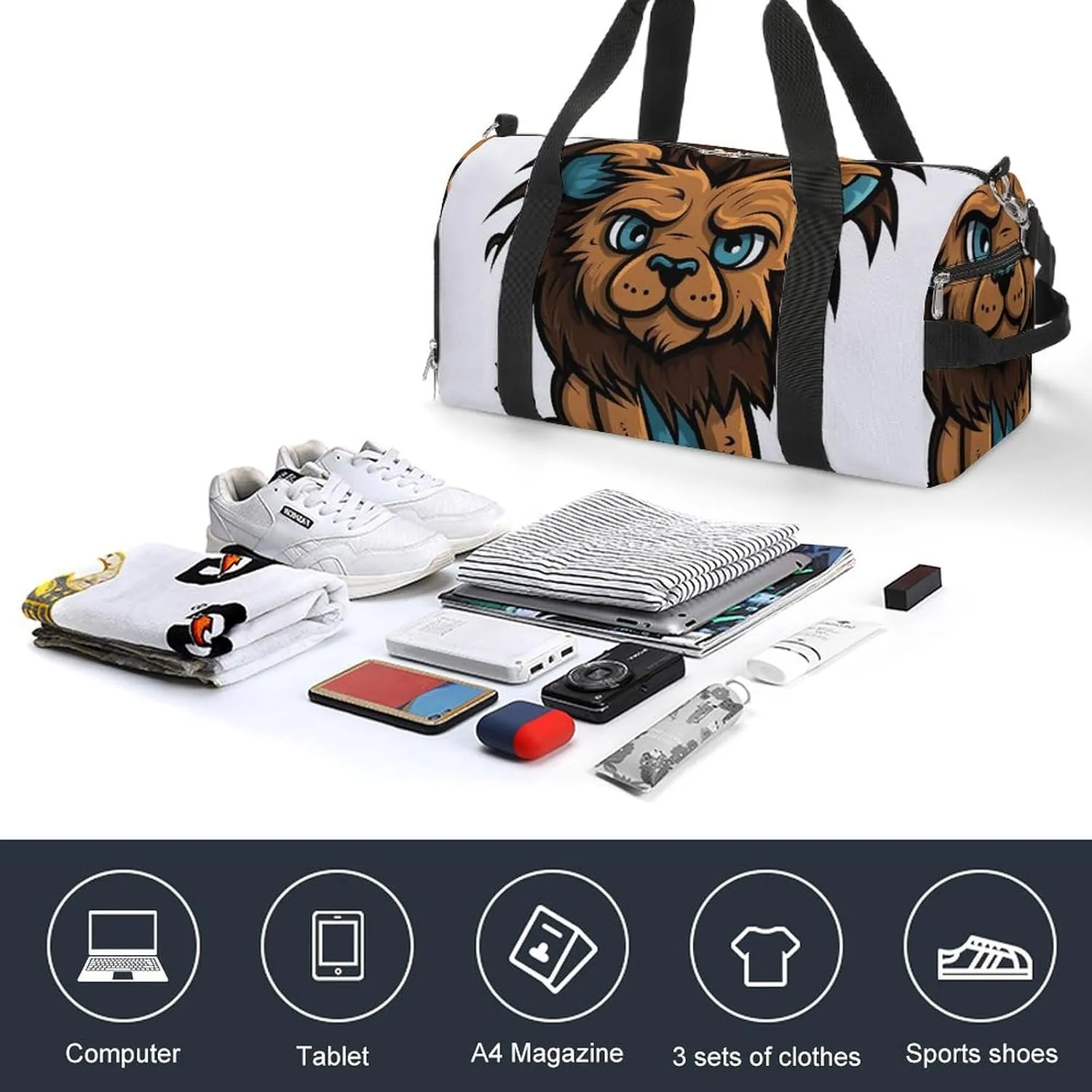 Gym Bag Lion Clip Art Duffel Bag for Men Women Travel Overnight Bag with Shoe Compartment Workout Bags
