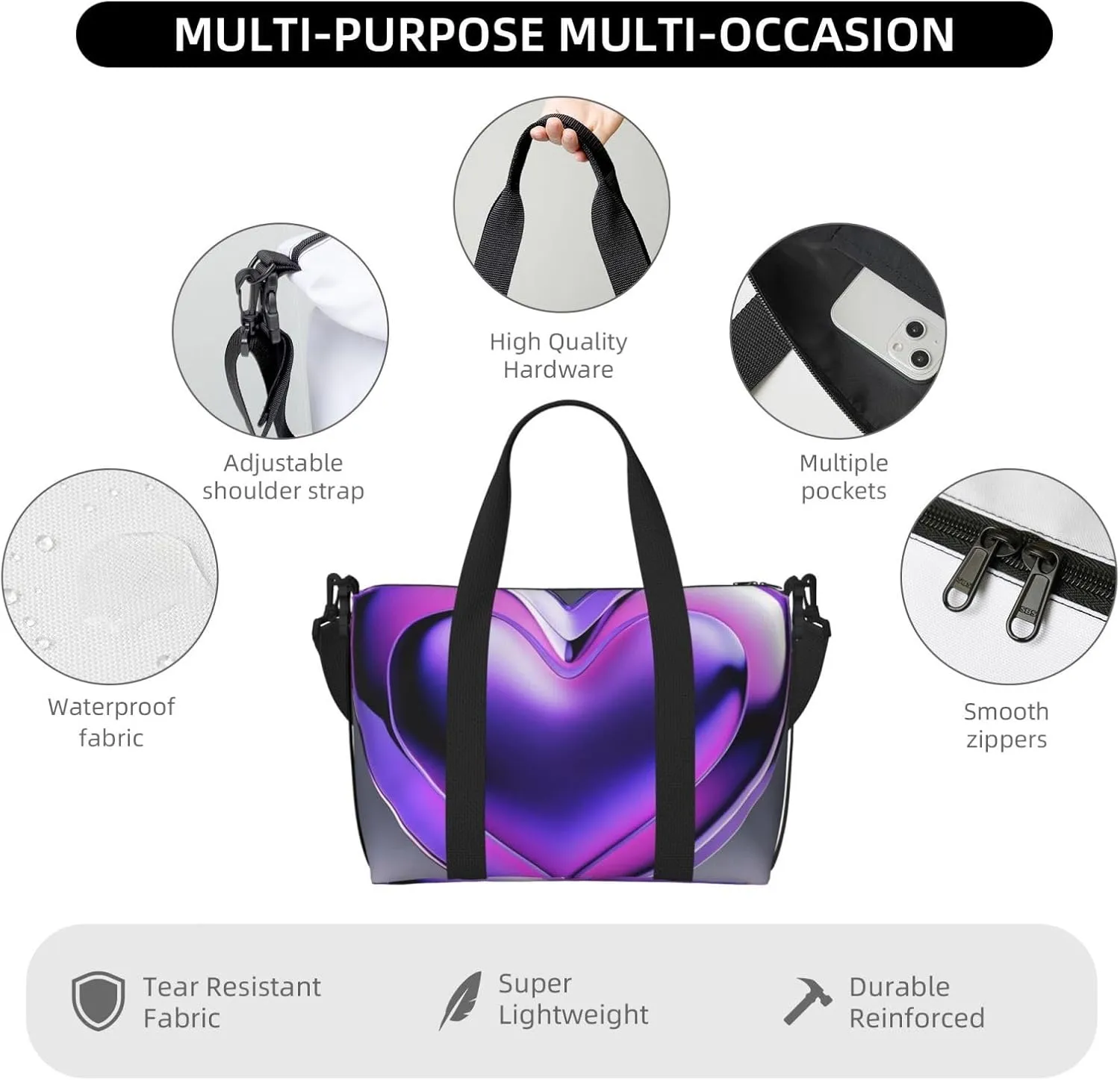 Gym Bag Purple Hearts Duffel Bag for Men Women Travel Overnight Bag with Shoe Compartment Workout Bags