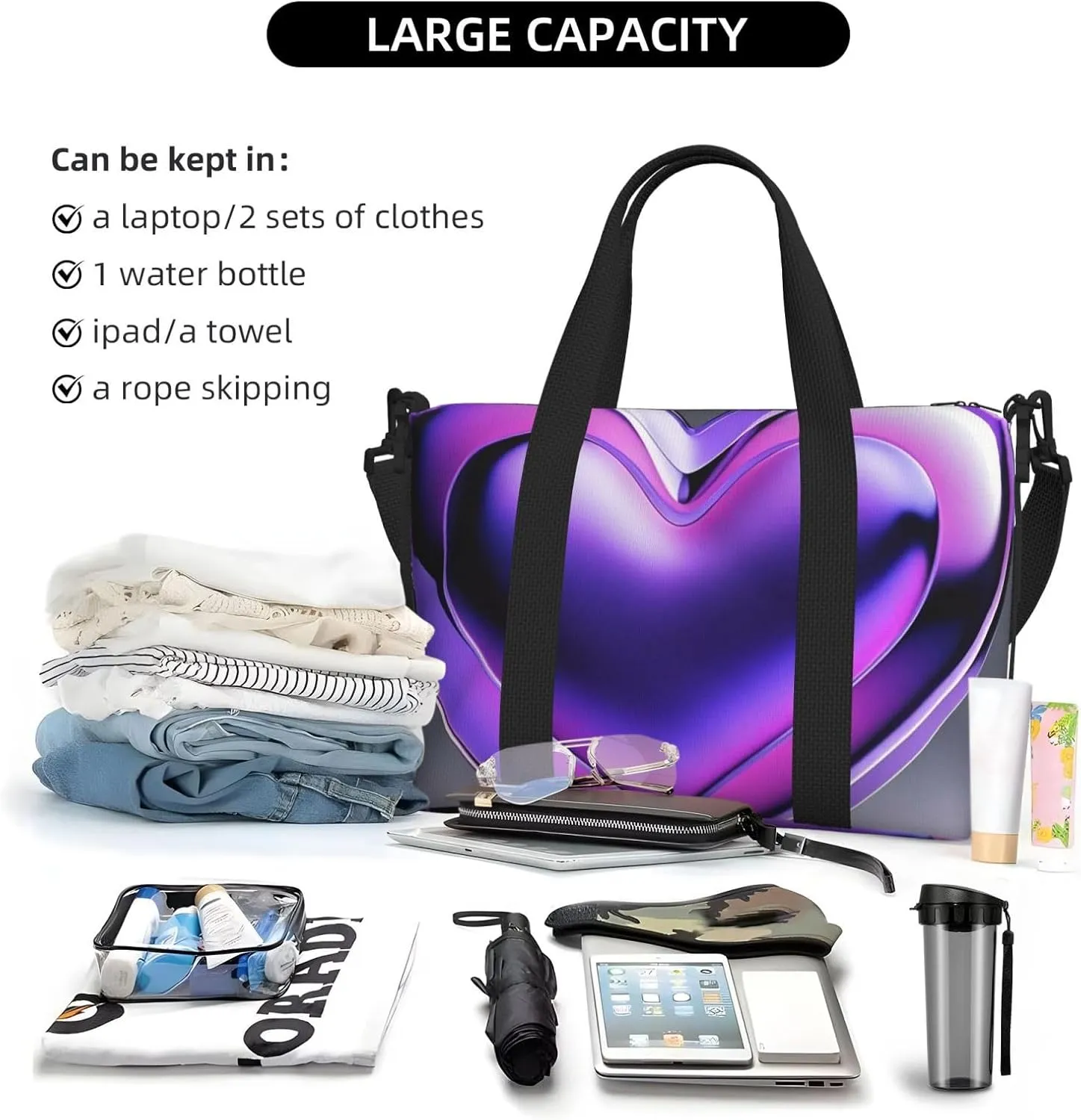 Gym Bag Purple Hearts Duffel Bag for Men Women Travel Overnight Bag with Shoe Compartment Workout Bags