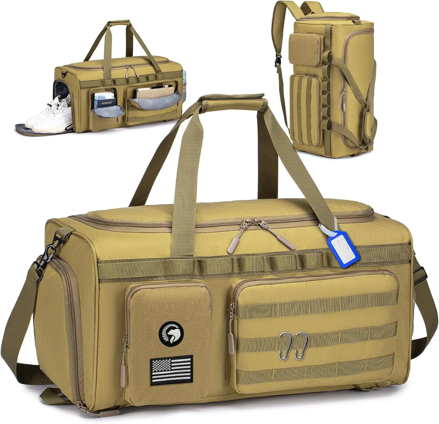 Gym Bags for Men 55L Tactical Duffle Bag Sports Travel Bag Gym Weekender Overnight Backpack with Shoe Compartment and Wet Pocket 3 In 1 Tactical Military Backpack