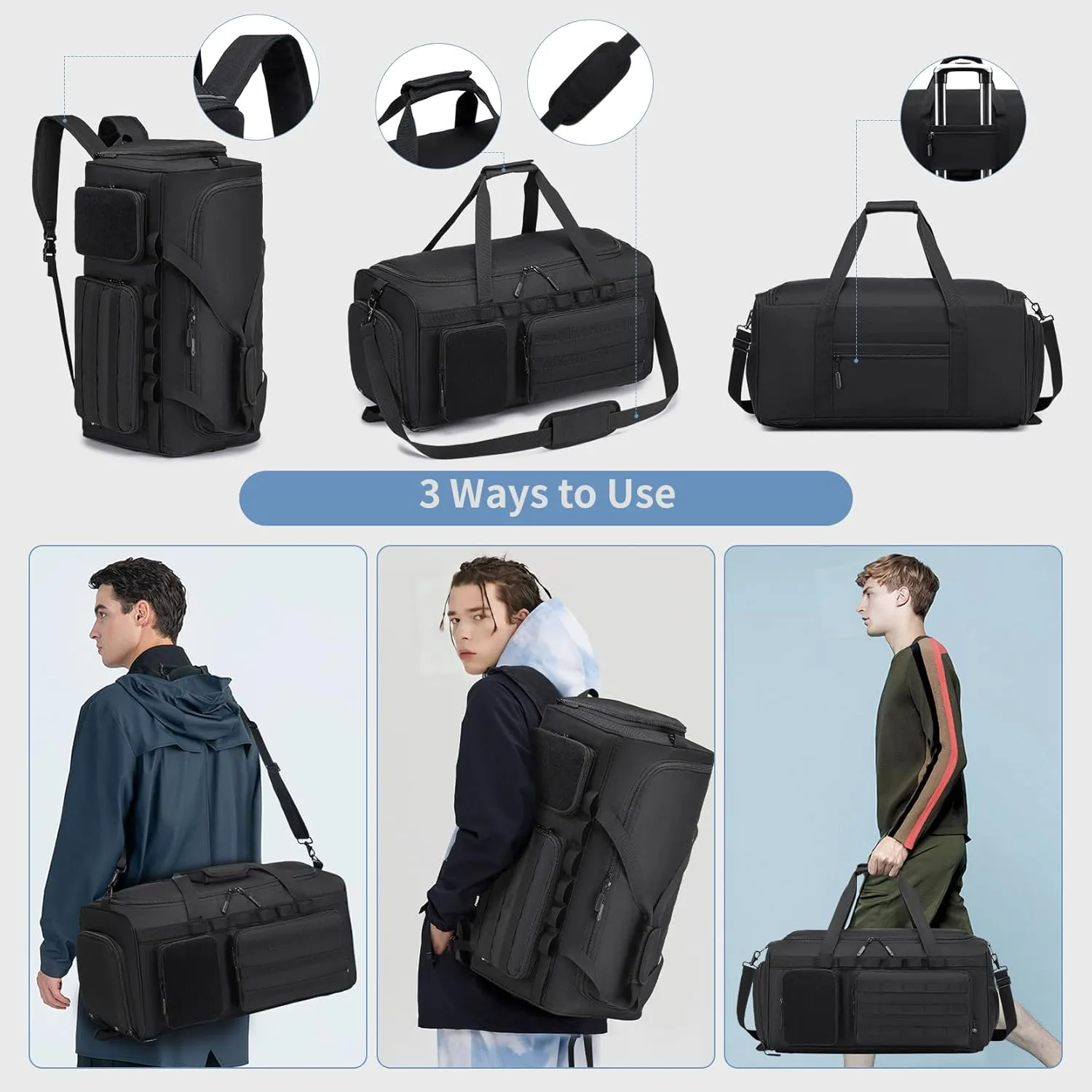 Gym Bags for Men 55L Tactical Duffle Bag Sports Travel Bag Gym Weekender Overnight Backpack with Shoe Compartment and Wet Pocket 3 In 1 Tactical Military Backpack