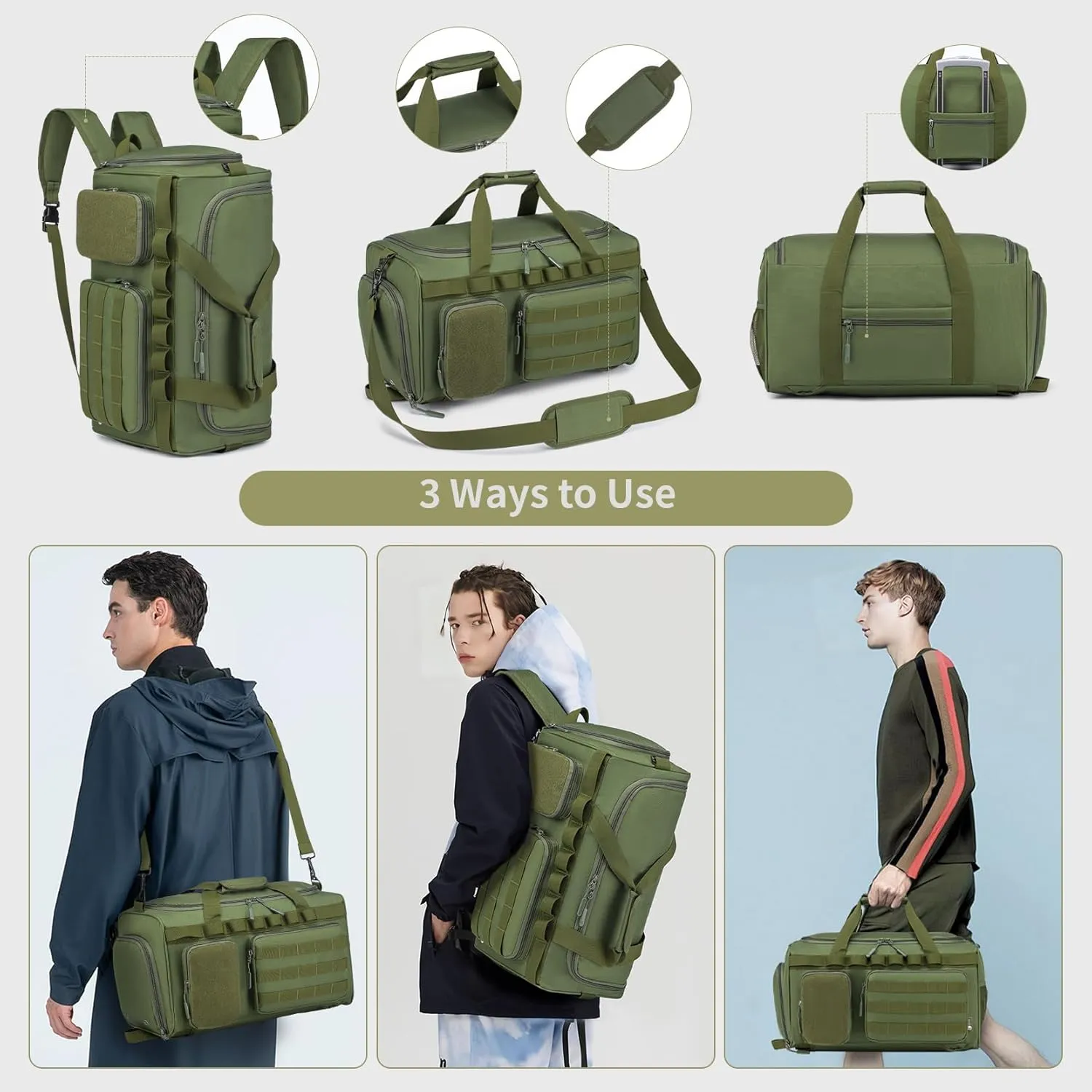 Gym Bags for Men, Tactical Duffle Bag Sports Travel Bag Gym Weekender Overnight Backpack with Shoe Compartment and Wet Pocket, 3 In 1 Tactical Military Backpack Green