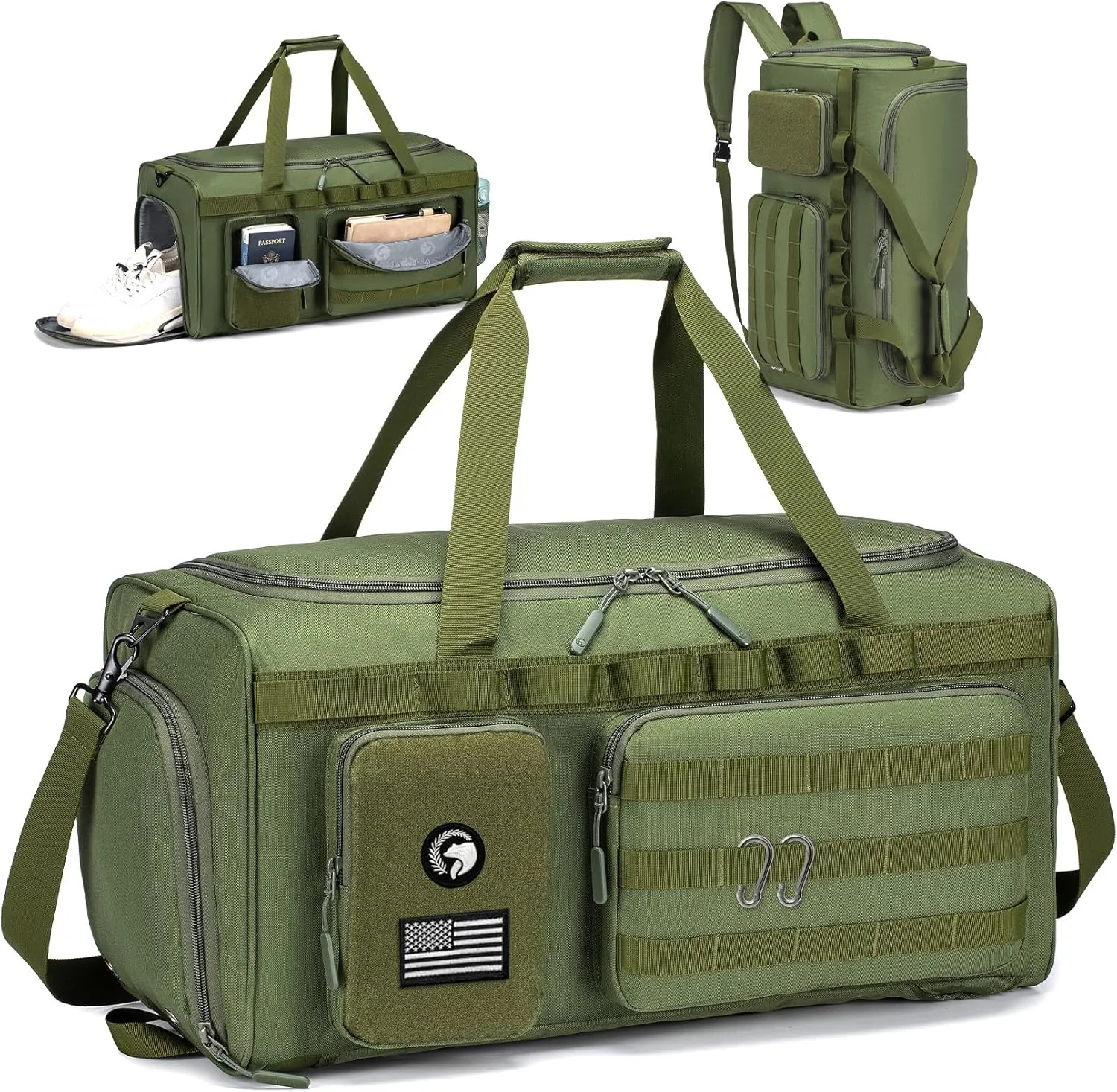 Gym Bags for Men, Tactical Duffle Bag Sports Travel Bag Gym Weekender Overnight Backpack with Shoe Compartment and Wet Pocket, 3 In 1 Tactical Military Backpack Green