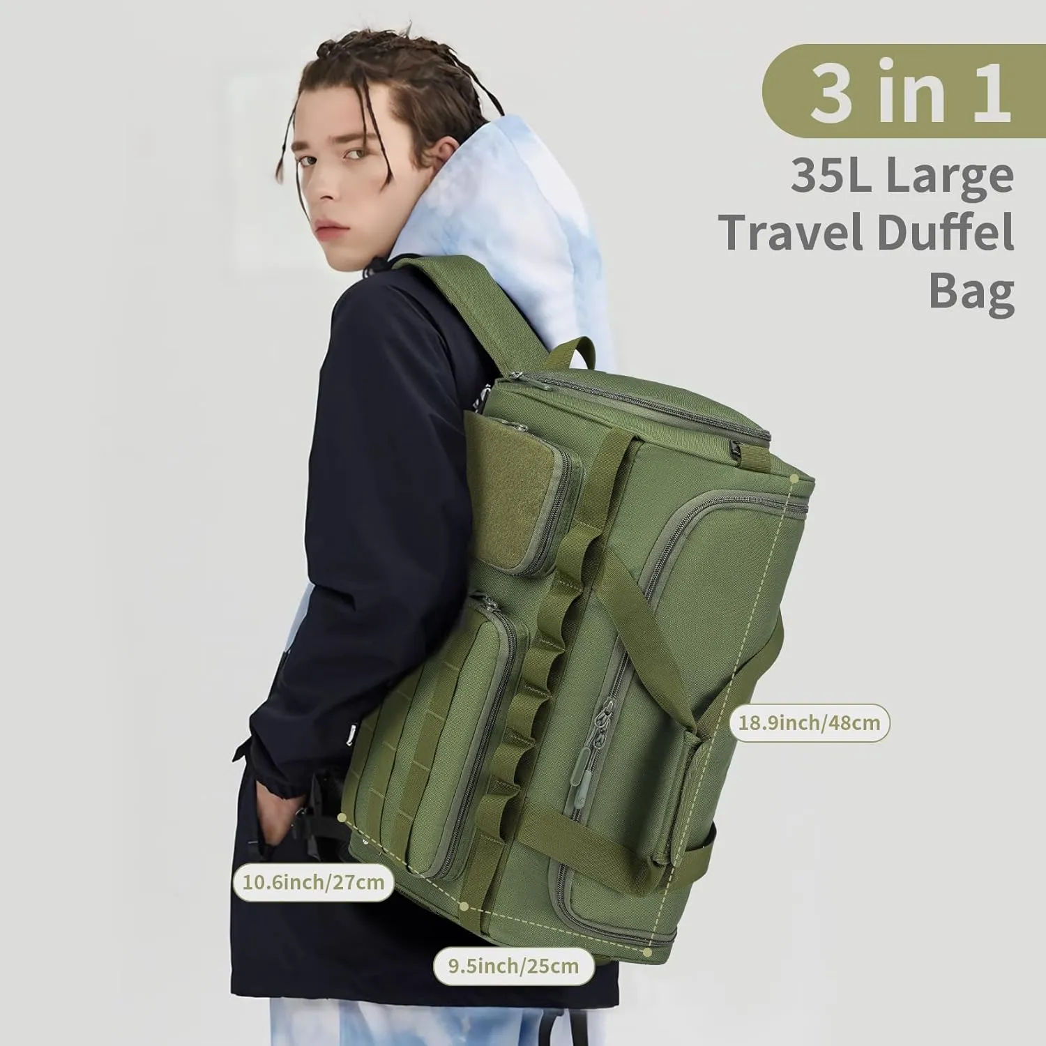 Gym Bags for Men, Tactical Duffle Bag Sports Travel Bag Gym Weekender Overnight Backpack with Shoe Compartment and Wet Pocket, 3 In 1 Tactical Military Backpack Green