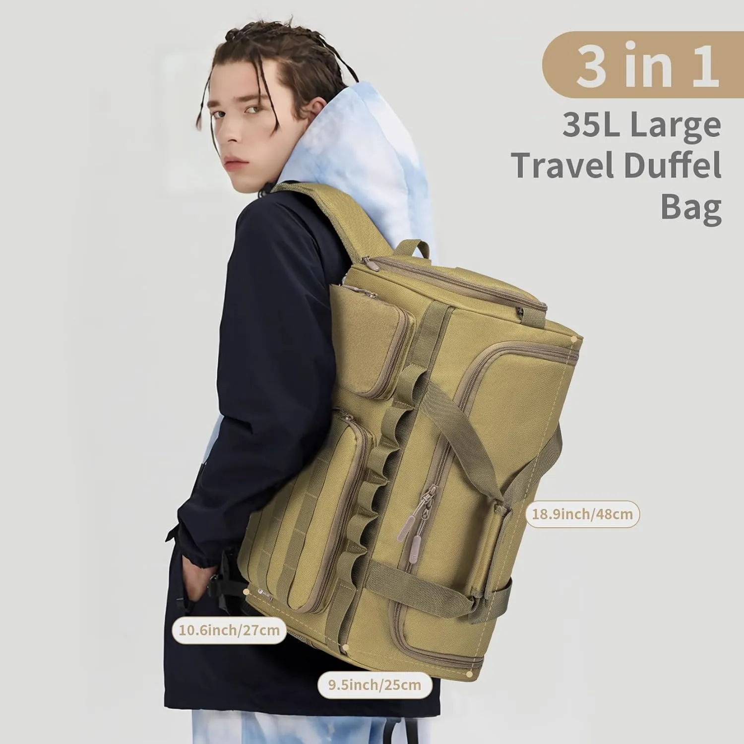 Gym Bags for Men, Tactical Duffle Bag Sports Travel Bag Gym Weekender Overnight Backpack with Shoe Compartment and Wet Pocket, 3 In 1 Tactical Military Backpack Khaki