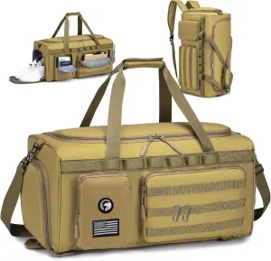 Gym Bags for Men, Tactical Duffle Bag Sports Travel Bag Gym Weekender Overnight Backpack with Shoe Compartment and Wet Pocket, 3 In 1 Tactical Military Backpack Khaki