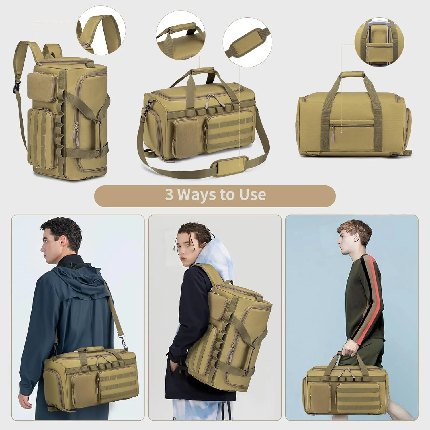 Gym Bags for Men, Tactical Duffle Bag Sports Travel Bag Gym Weekender Overnight Backpack with Shoe Compartment and Wet Pocket, 3 In 1 Tactical Military Backpack Khaki