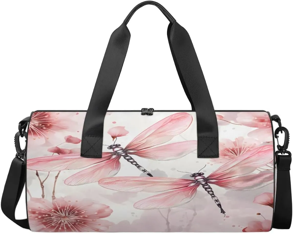 Gym Bags for Men Women Beautiful Dragonfly Flowers Sports Duffel Bags Carry On Travel Duffle Bag with Detachable Adjustable Shoulder Strap Overnight Weekender Bag