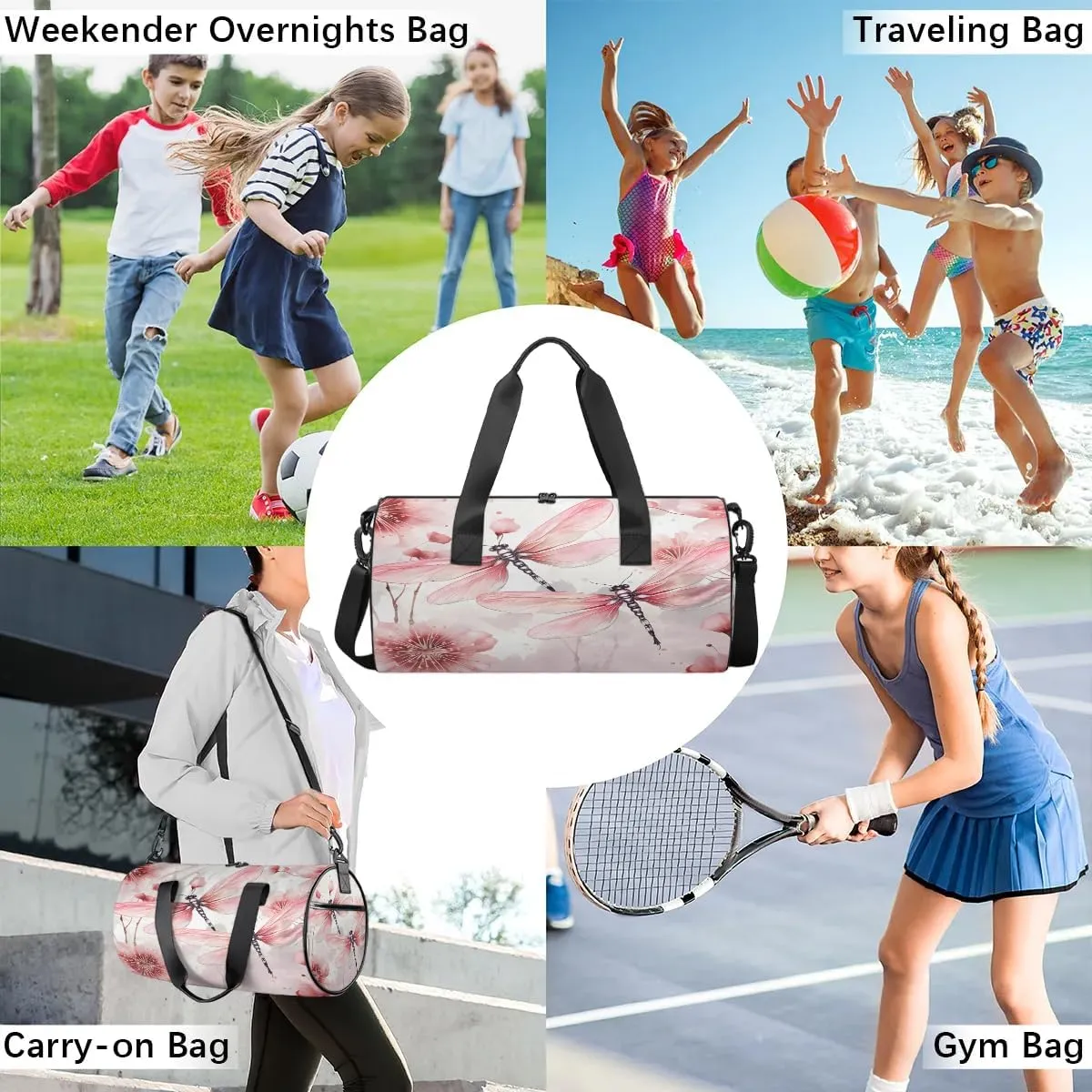 Gym Bags for Men Women Beautiful Dragonfly Flowers Sports Duffel Bags Carry On Travel Duffle Bag with Detachable Adjustable Shoulder Strap Overnight Weekender Bag