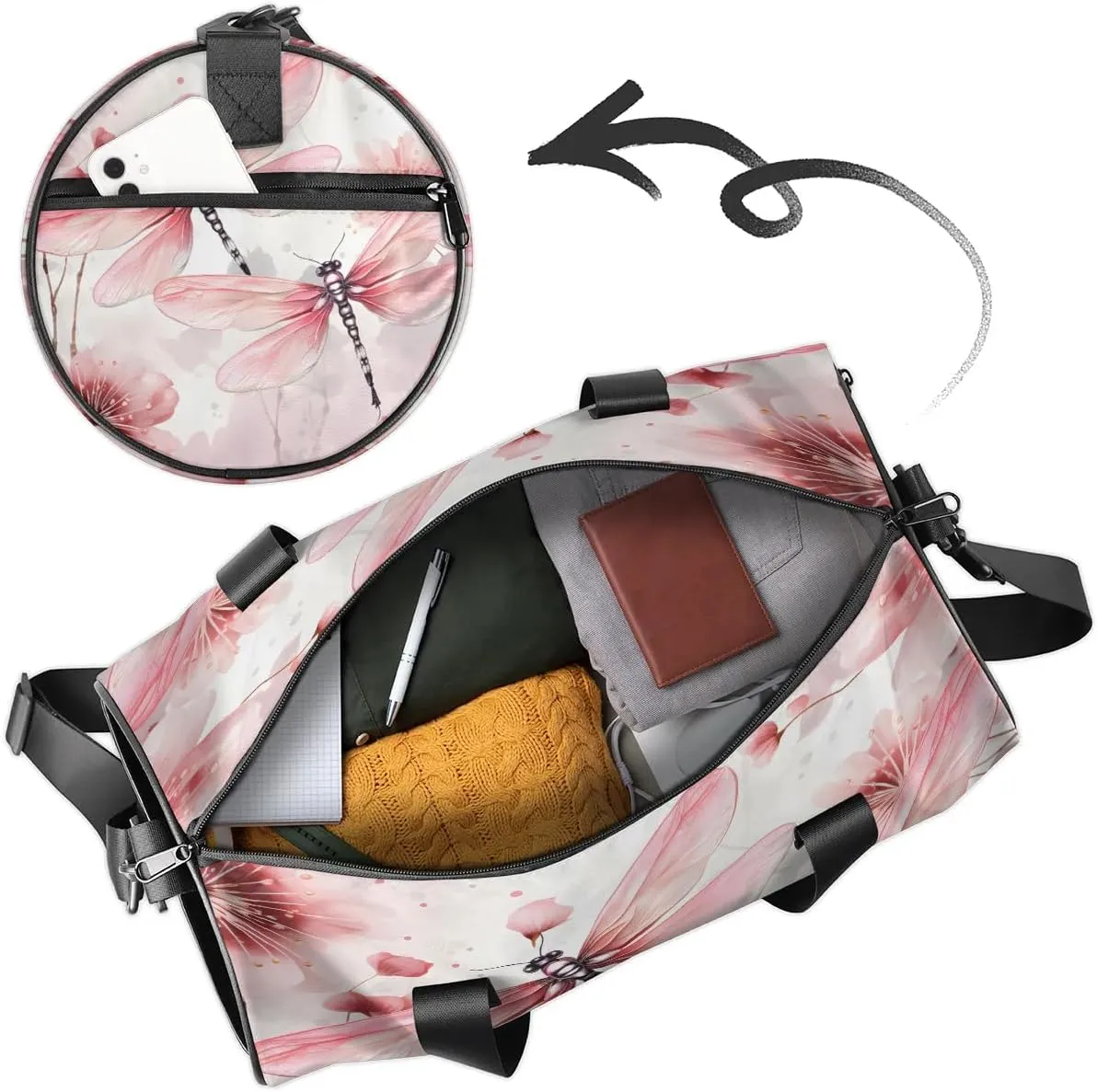 Gym Bags for Men Women Beautiful Dragonfly Flowers Sports Duffel Bags Carry On Travel Duffle Bag with Detachable Adjustable Shoulder Strap Overnight Weekender Bag