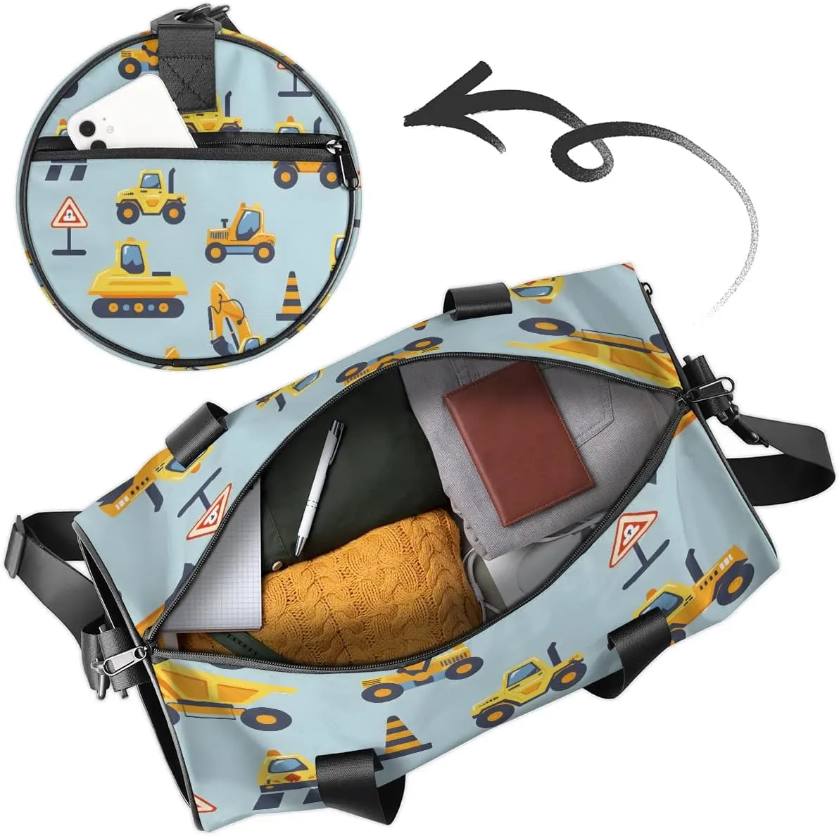 Gym Bags for Men Women Cute Excavators Sports Duffel Bags Carry On Travel Duffle Bag with Detachable Adjustable Shoulder Strap Overnight Weekender Bag