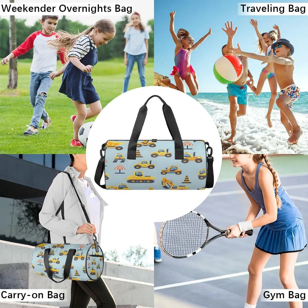 Gym Bags for Men Women Cute Excavators Sports Duffel Bags Carry On Travel Duffle Bag with Detachable Adjustable Shoulder Strap Overnight Weekender Bag