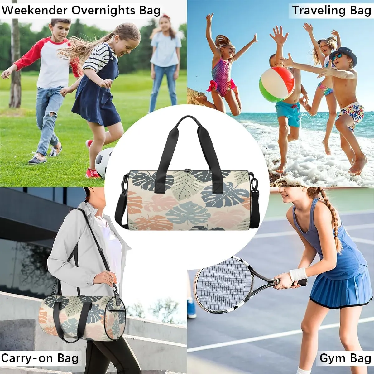 Gym Bags for Men Women Cute Fern Leaves Sports Duffel Bags Carry On Travel Duffle Bag with Detachable Adjustable Shoulder Strap Overnight Weekender Bag