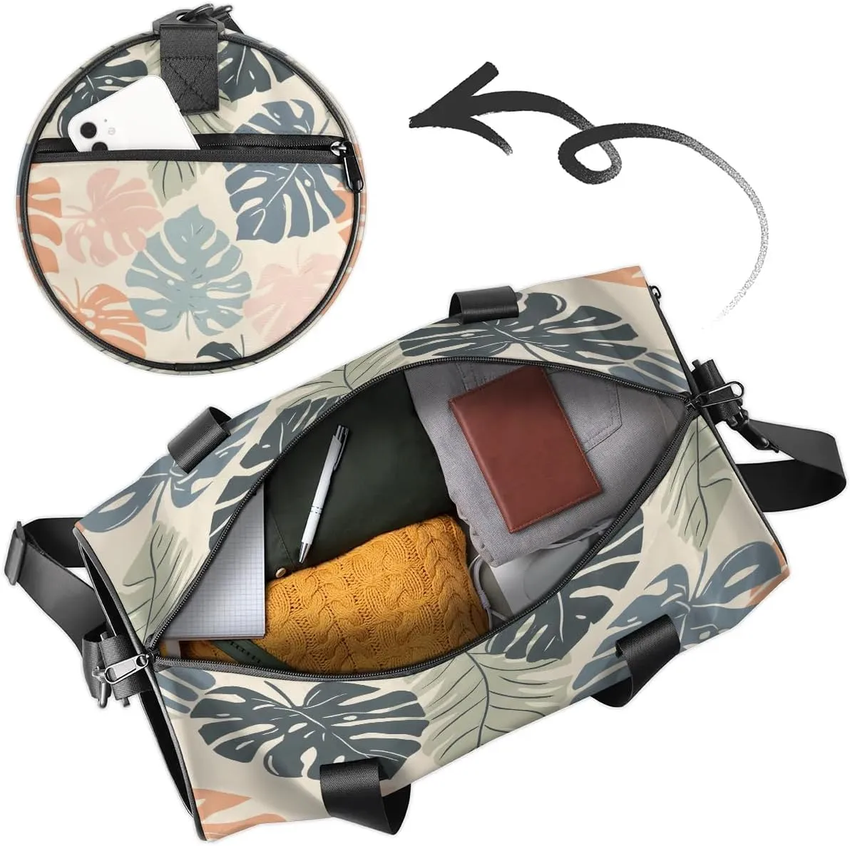 Gym Bags for Men Women Cute Fern Leaves Sports Duffel Bags Carry On Travel Duffle Bag with Detachable Adjustable Shoulder Strap Overnight Weekender Bag